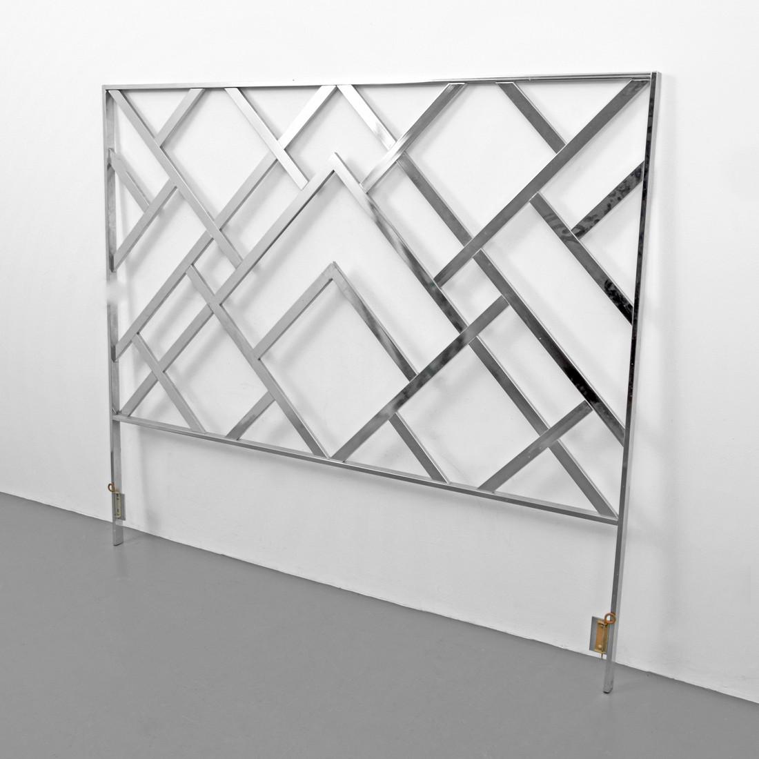 Chrome Headboard, Manner of Milo Baughman: Designer & Manufacturer: Milo Baughman, manner of Markings: no marking(s) apparent Country of Origin & Materials: unknown; chromed metal Additional Information: Headboard is sized for a king bed. Dime