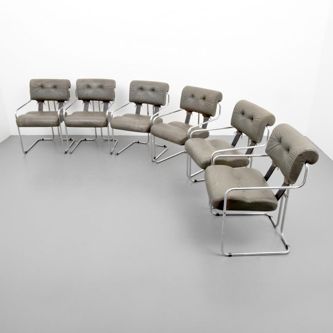 Guido Faleschini TUCROMA Arm Chairs, Set of 6: Designer & Manufacturer: Guido Faleschini; Mariani for Pace Collection Markings: Mariani underlining; Mariani label Country of Origin & Materials: Italy; chromed metal, leather Additional Information: