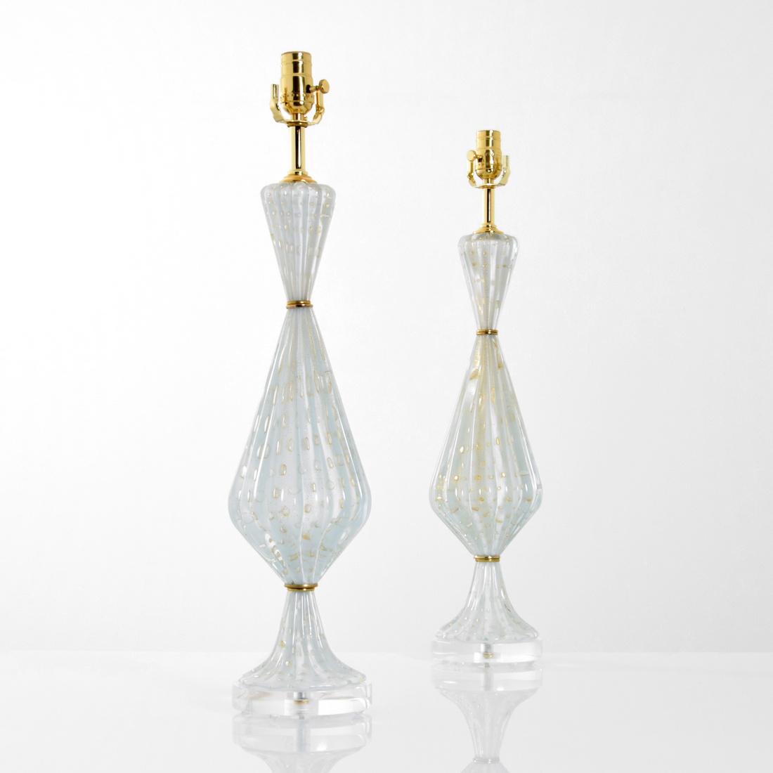 Pair of Barovier & Toso Lamps, Murano: Designer (Artist) & Manufacturer: Barovier & Toso Markings: no marking(s) apparent Country of Origin & Materials: Italy; glass, brass, Lucite Additional Information: Lamps have gold aventurine and con