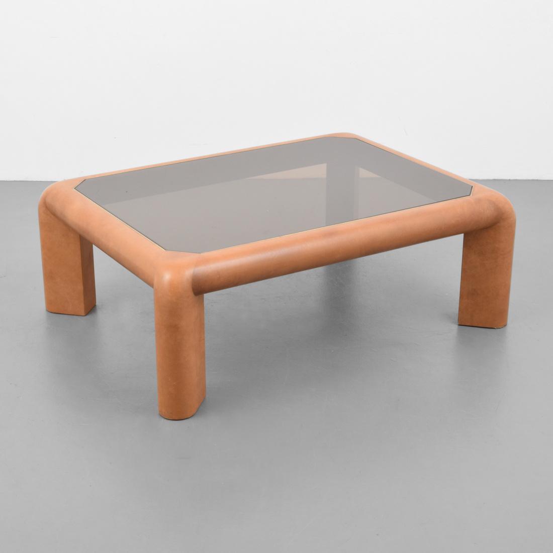 Karl Springer MARK II Coffee Table: Designer (Artist) & Manufacturer: Karl Springer; Karl Springer Ltd. Markings: signed Country of Origin & Materials: USA; leather, brass, smoked glass Additional Information: Reference: Karl Springer L
