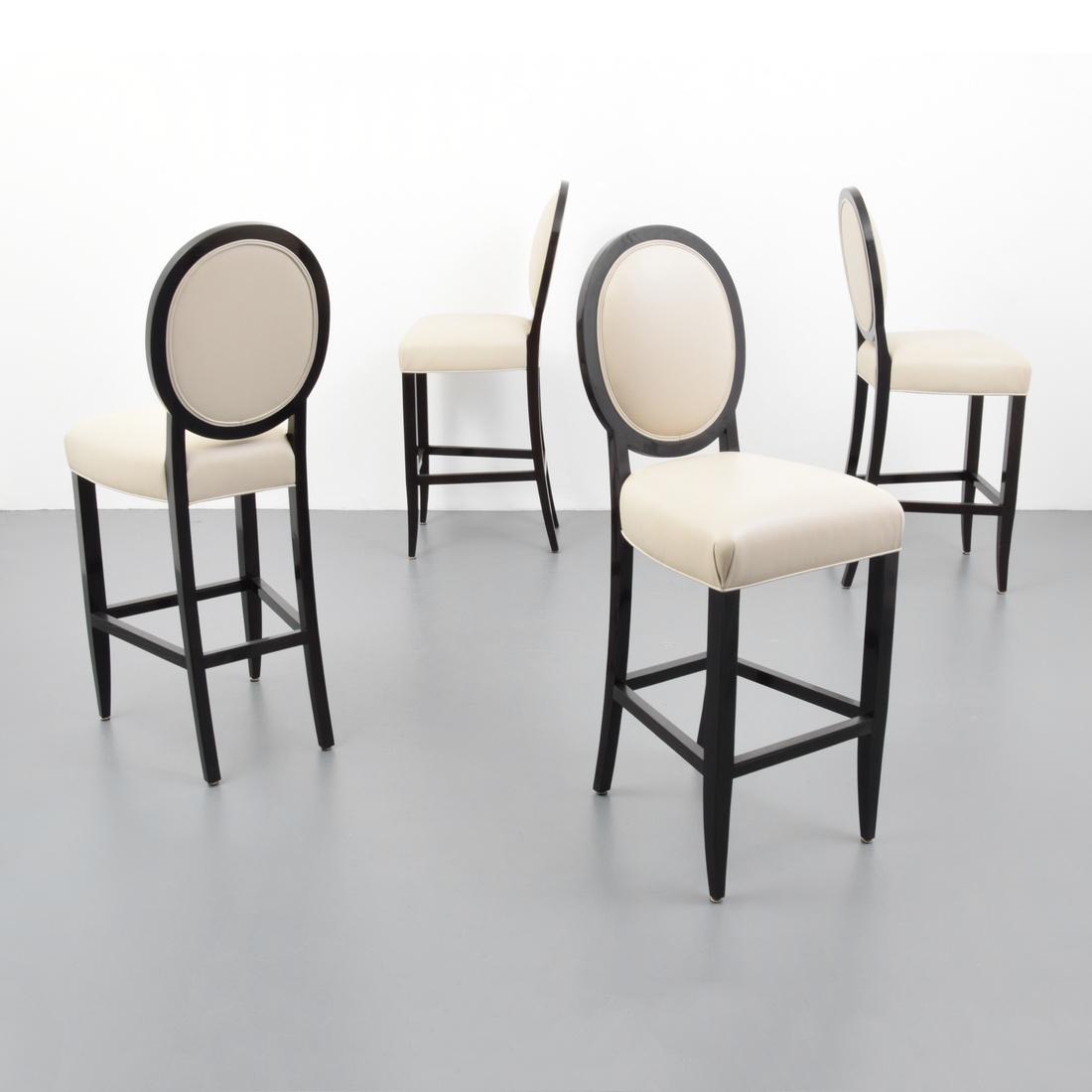 Sally Sirkin Lewis Bar Stools, Set of 4: Designer (Artist) & Manufacturer: Sally Sirkin Lewis; J. Robert Scott Associates, Inc. Markings: Sally Sirkin Lewis/J. Robert Scott Associates, Inc. label Country of Origin & Materials: USA; wood, lea