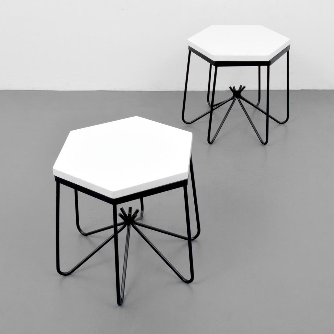 Pair of HIRONDELLE Side Tables, Manner of Royere: Designer (Artist) & Manufacturer: Jean Royere, manner of Markings: no marking(s) apparent Country of Origin & Materials: unknown; enameled iron, marble Additional Information: The design of these tabl