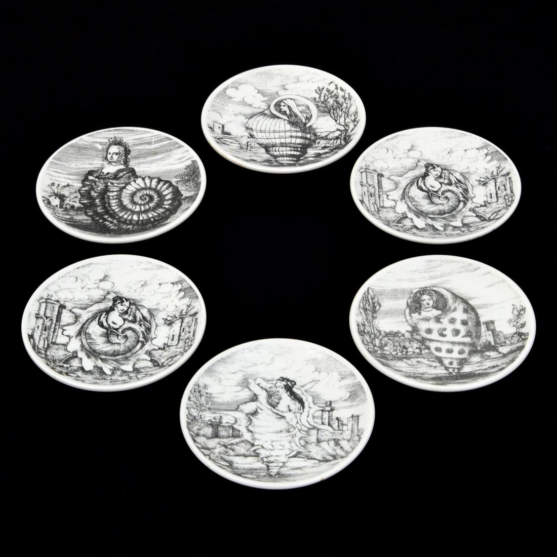 Piero Fornasetti LE OCEANIDI Coasters, Set of 6: Designer (Artist) & Manufacturer: Piero Fornasetti; Fornasetti Milano Markings: Fornasetti Milano stamp Country of Origin & Materials: "Italy; transfer-printed porcelain" Additional Information: 20th