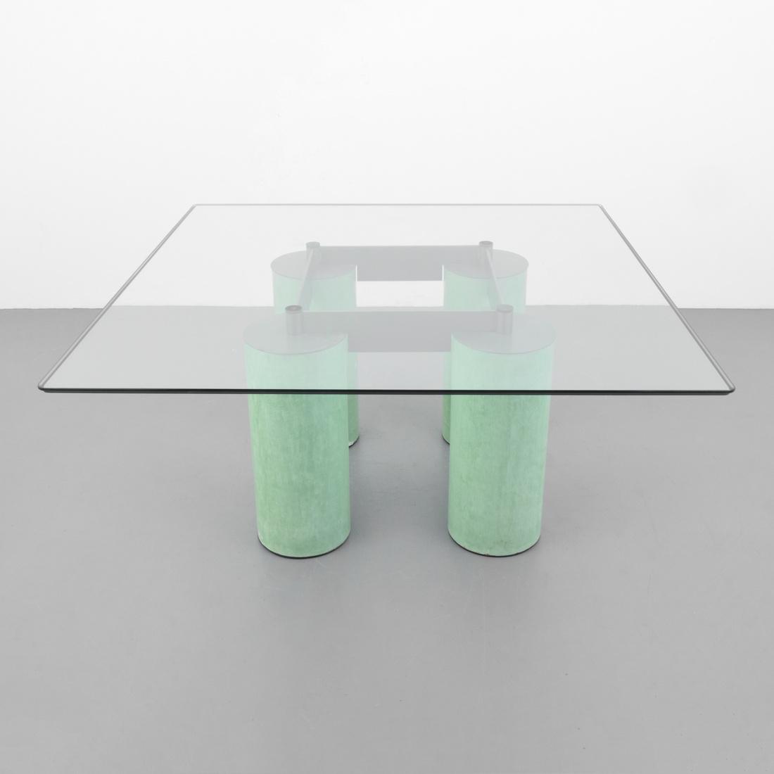 Large Massimo Vignelli SERENISSIMO Dining Table: Designer (Artist) & Manufacturer: Massimo Vignelli; Acerbis International Markings: no marking(s) apparent Country of Origin & Materials: Italy; glass, metal, patinated metal Additional Information: P