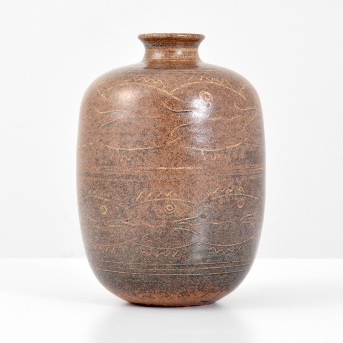 Edwin & Mary Scheier Vase/Vessel: Designer (Artist) & Manufacturer: Edwin & Mary Scheier Markings: signed Country of Origin & Materials: USA; glazed and incised earthenware Additional Information: 20th Century Design Dimensions(H,W,D)