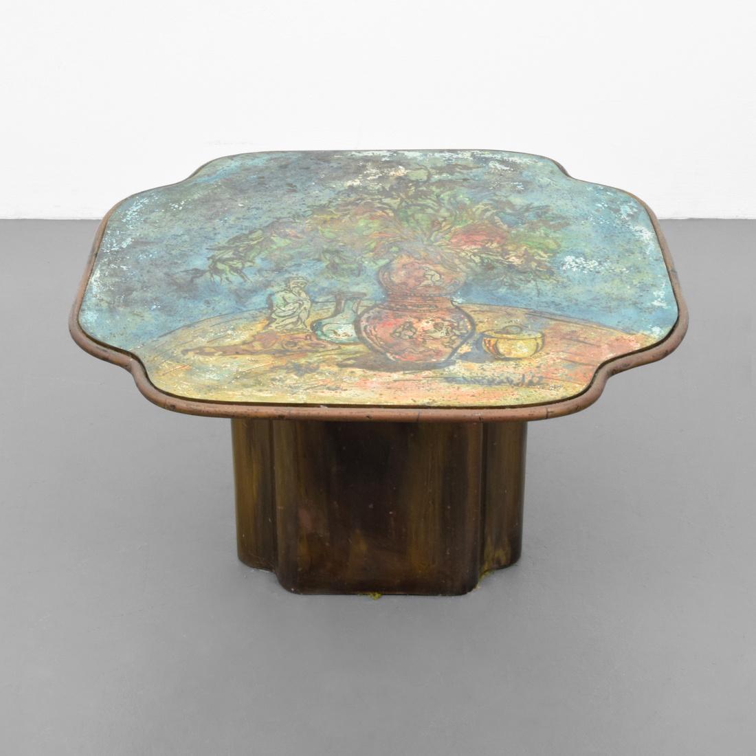 Rare Philip & Kelvin LaVerne Coffee/Occasional Table: Designer (Artist) & Manufacturer: Philip LaVerne (American, 1908-1988), Kelvin LaVerne (American, b. 1936) Markings: signed Country of Origin & Materials: USA; acid-etched and patinated brass over pew