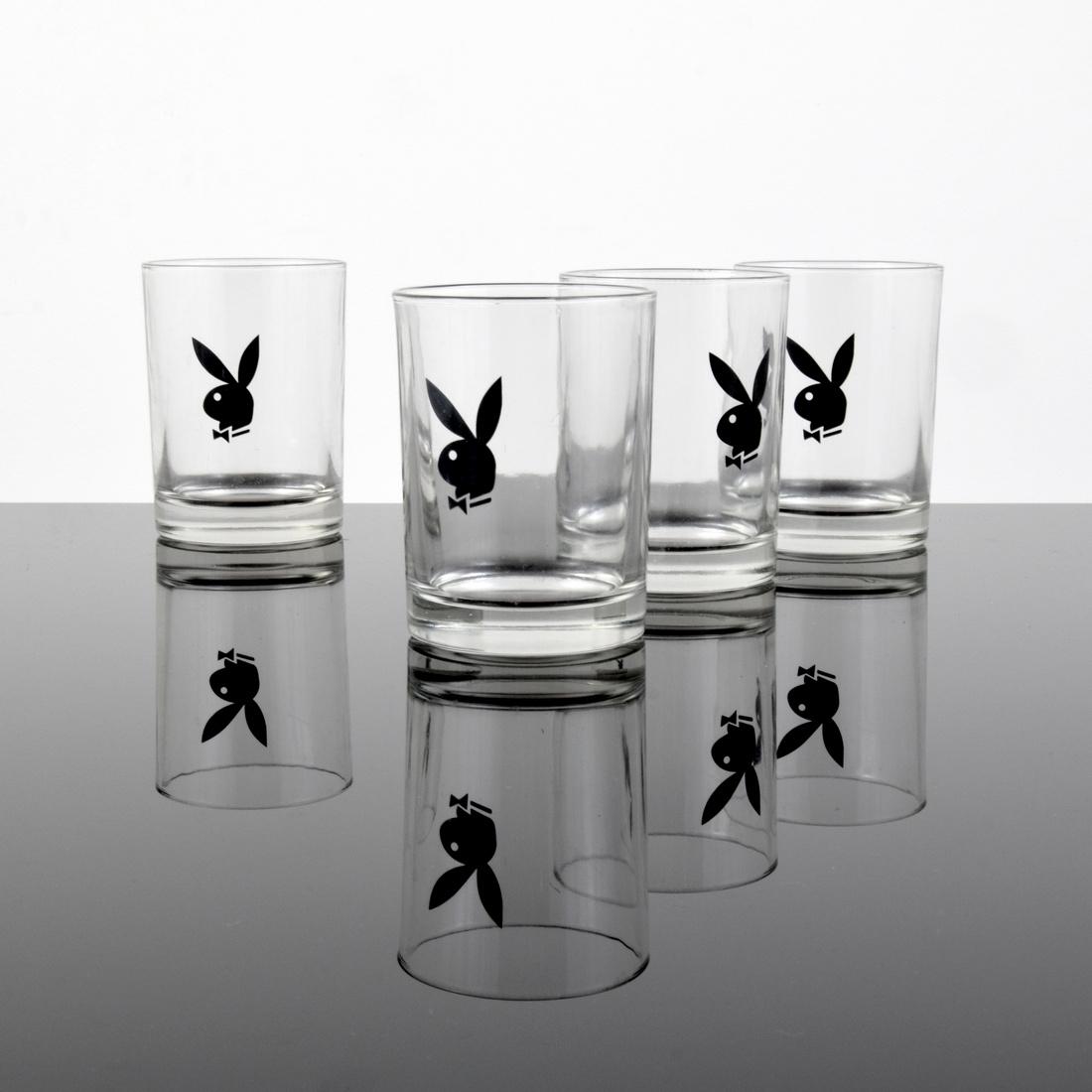 Playboy D.O.F. Glasses, Set of 4: Designer (Artist) & Manufacturer: 3E Trading, LLC Markings: marking(s) Country of Origin & Materials: China; glass Additional Information: Set of double old fashion glasses with Playboy bunny applique