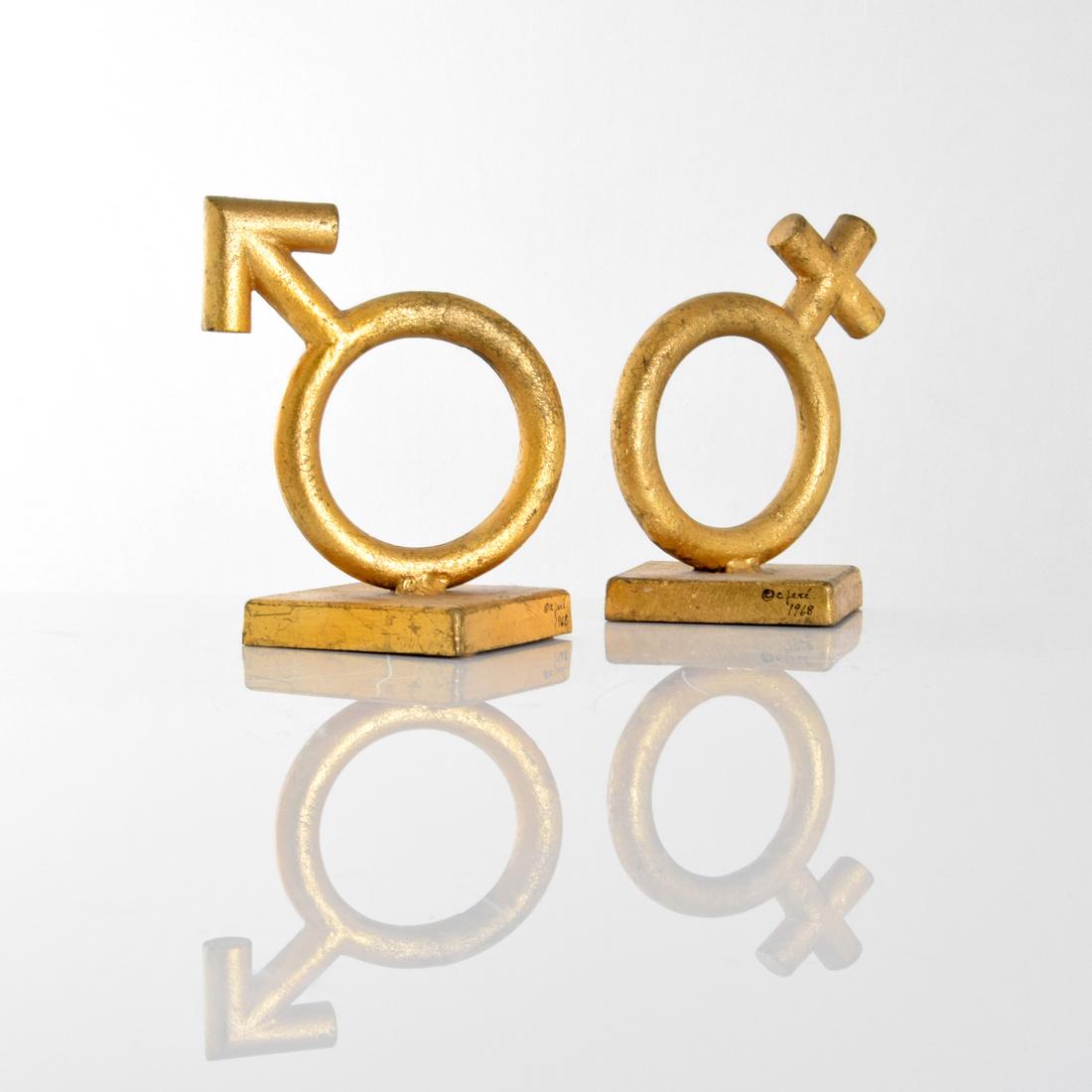 Curtis Jere THE SEXES Bookends/Sculptures: Designer (Artist) & Manufacturer: Curtis Jere; Artisan House, Inc. Markings: signed, label; 1968 Country of Origin & Materials: USA; gilded metal Additional Information: Pair of sculptural bookends of