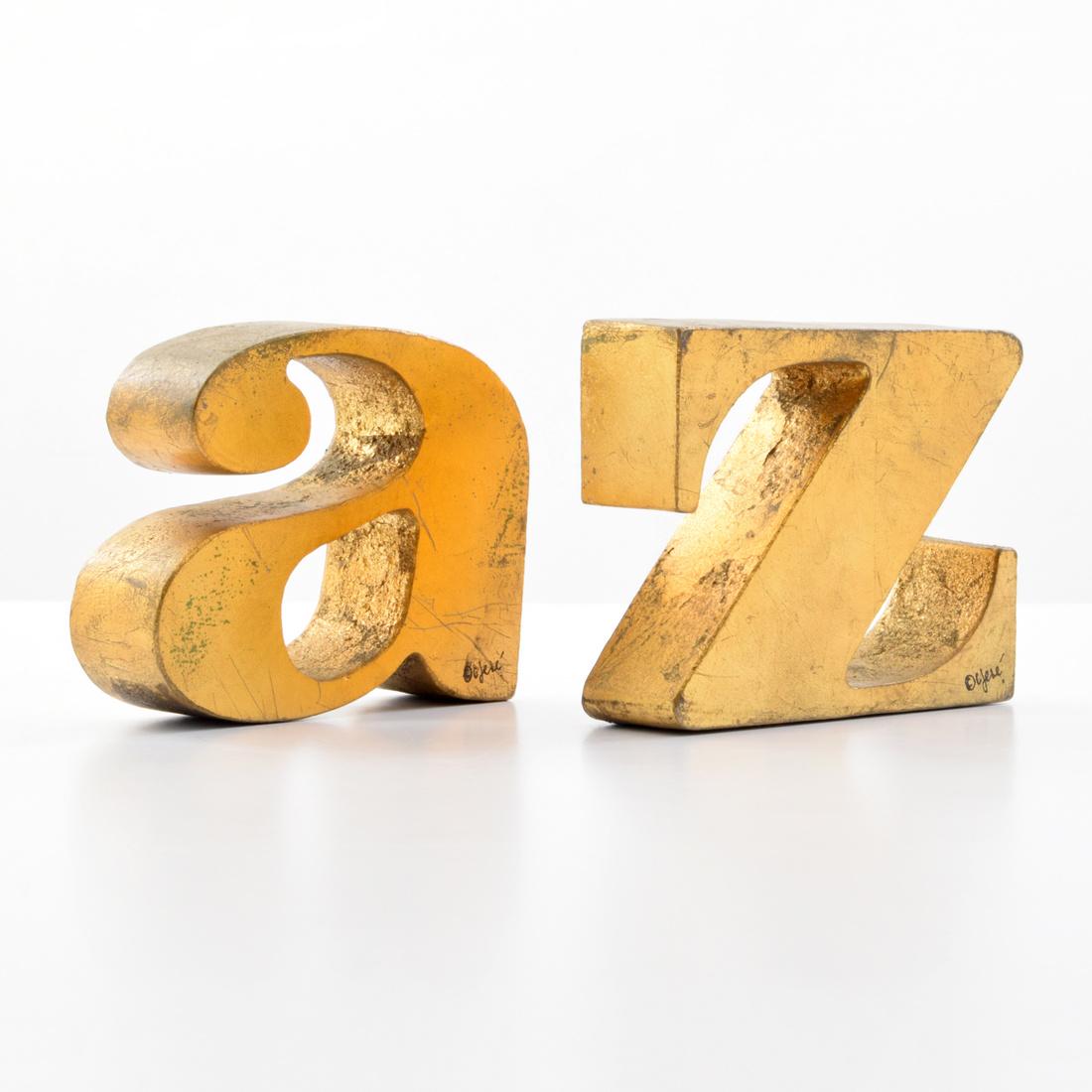 Curtis Jere A-Z Bookends/Sculptures: Designer (Artist) & Manufacturer: Curtis Jere; Artisan House, Inc. Markings: signed, label Country of Origin & Materials: USA; gilded metal Additional Information: Provenance: Modern Design 2120, West