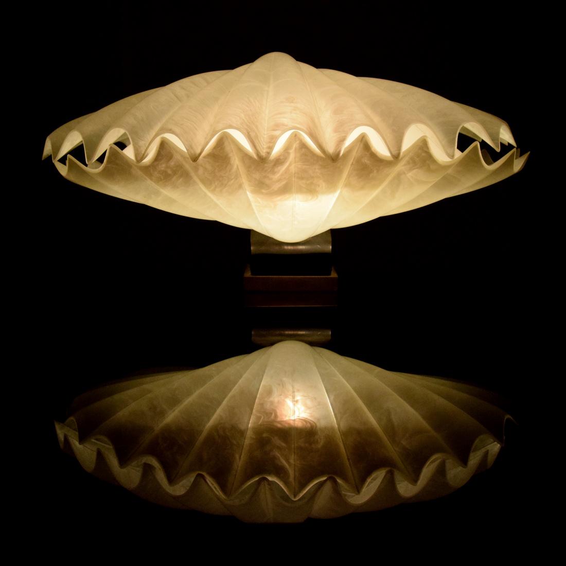 Large Rougier Clam Lamp: Designer (Artist) & Manufacturer: Rougier Markings: no marking(s) apparent Country of Origin & Materials: Canada; metal, acrylic Additional Information: 20th Century Design Dimensions(H,W,D): 15"h, 30