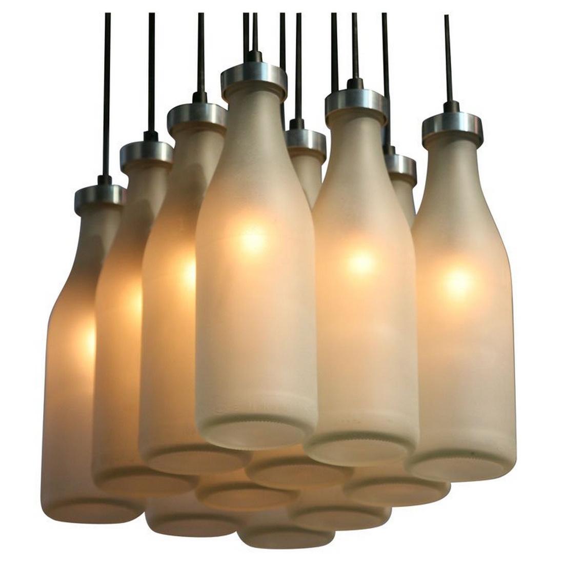 Tejo Remy MILK BOTTLE Chandelier: Designer (Artist) & Manufacturer: Tejo Remy for Droog Design; DMD Voorburg Markings: no marking(s) apparent Country of Origin & Materials: Netherlands: glass, metal Additional Information: Chandelier
