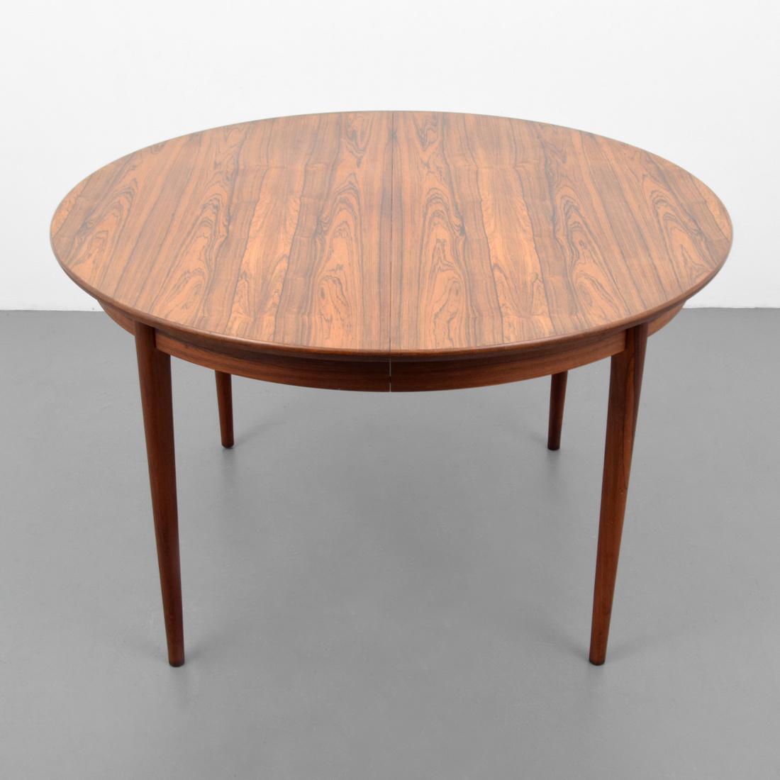 Gustav Bahus Rosewood Dining Table: Designer (Artist) & Manufacturer: Gustav Bahus Eftf Markings: no marking(s) apparent Country of Origin & Materials: Norway; rosewood Additional Information: Table opens to accommodate two 20"w leaves.