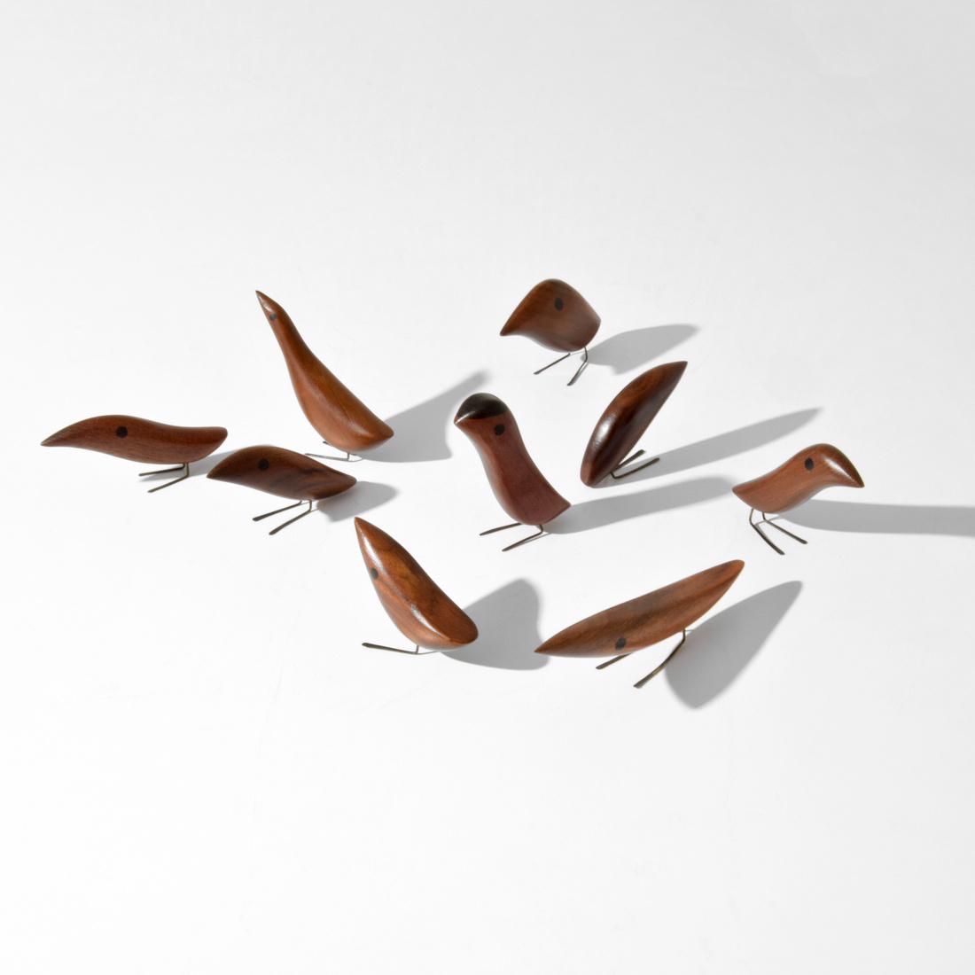 Jacob Hermann Bird Figures, Collection of 9: Designer (Artist) & Manufacturer: Jacob Hermann Markings: marking(s) Country of Origin & Materials: Denmark; teak, brass Additional Information: 20th Century Design Dimensions(H,W,D): tallest: 4"h, 4"