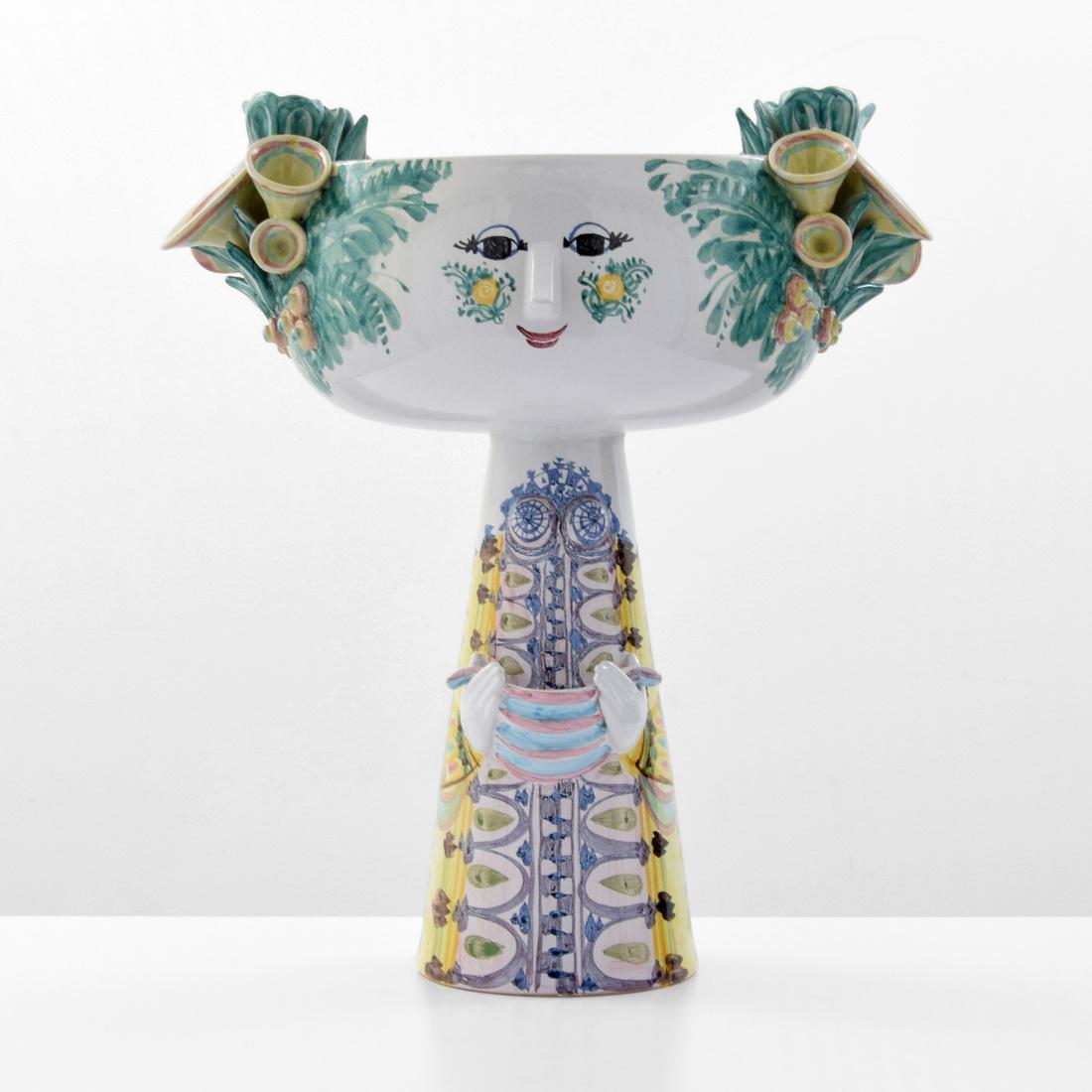 Large Bjorn Wiinblad Centerpiece/Vessel: Designer (Artist) & Manufacturer: Bjorn Wiinblad (Danish, 1918-2006); Wiinblad Studio Markings: signed, marking(s) Country of Origin & Materials: Denmark; hand-painted and glazed stoneware Additional 