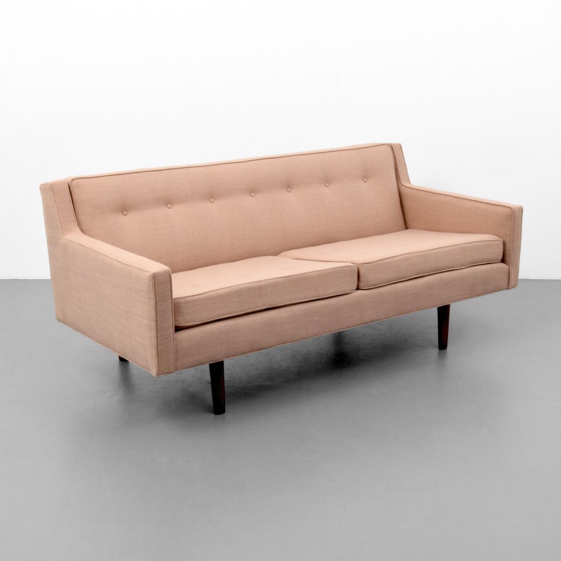 Edward Wormley BRACKET BACK Sofa: Designer (Artist) & Manufacturer: Edward Wormley; Dunbar Markings: no marking(s) apparent Country of Origin & Materials: USA; wood, upholstery Additional Information: 20th Century Design Dimensions(H,