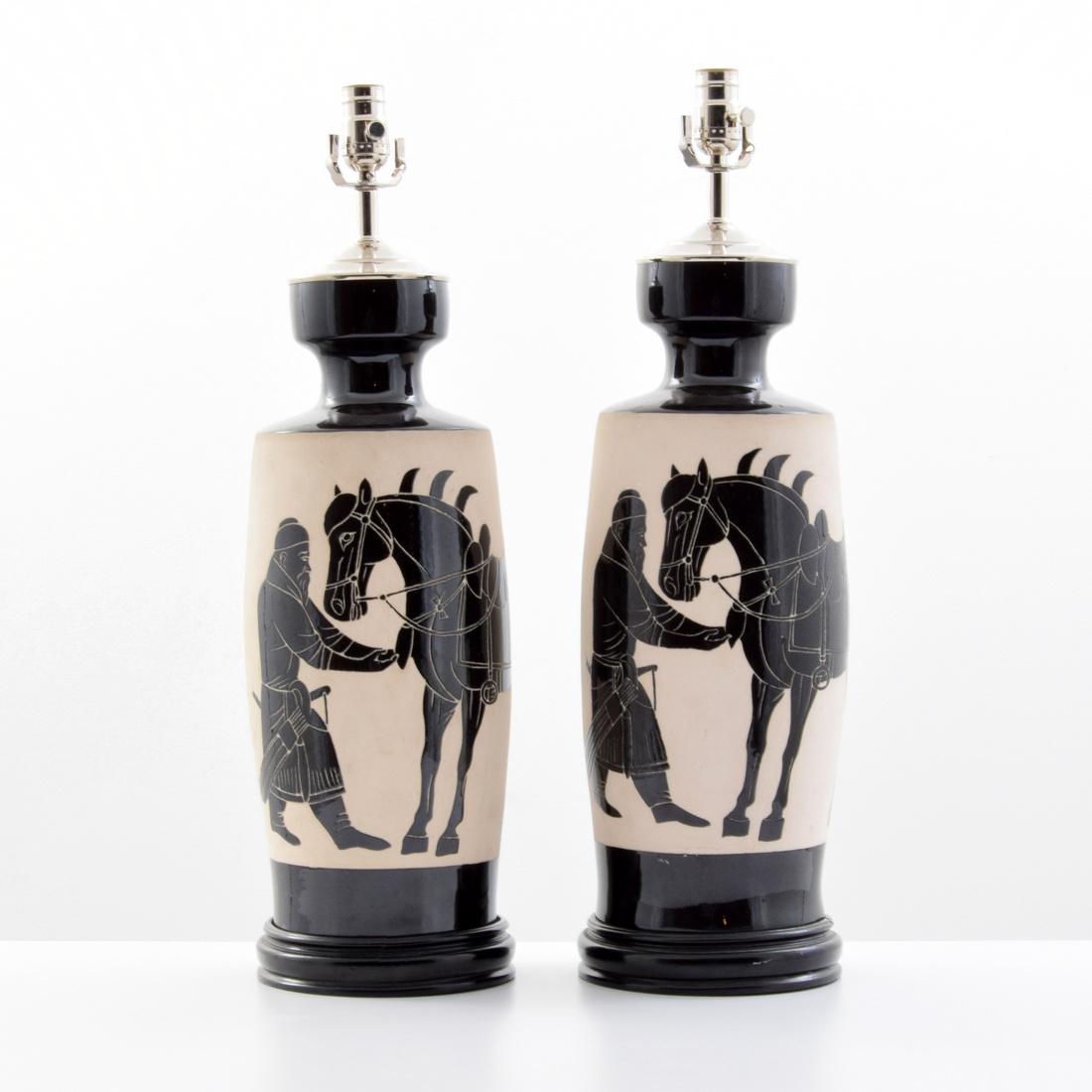 Pair of Lamps, Manner of Tommi Parzinger: Designer (Artist) & Manufacturer: Tommi Parzinger, manner of Markings: no marking(s) apparent Country of Origin & Materials: unknown; chromed metal, glazed and unglazed ceramic Additional Information: