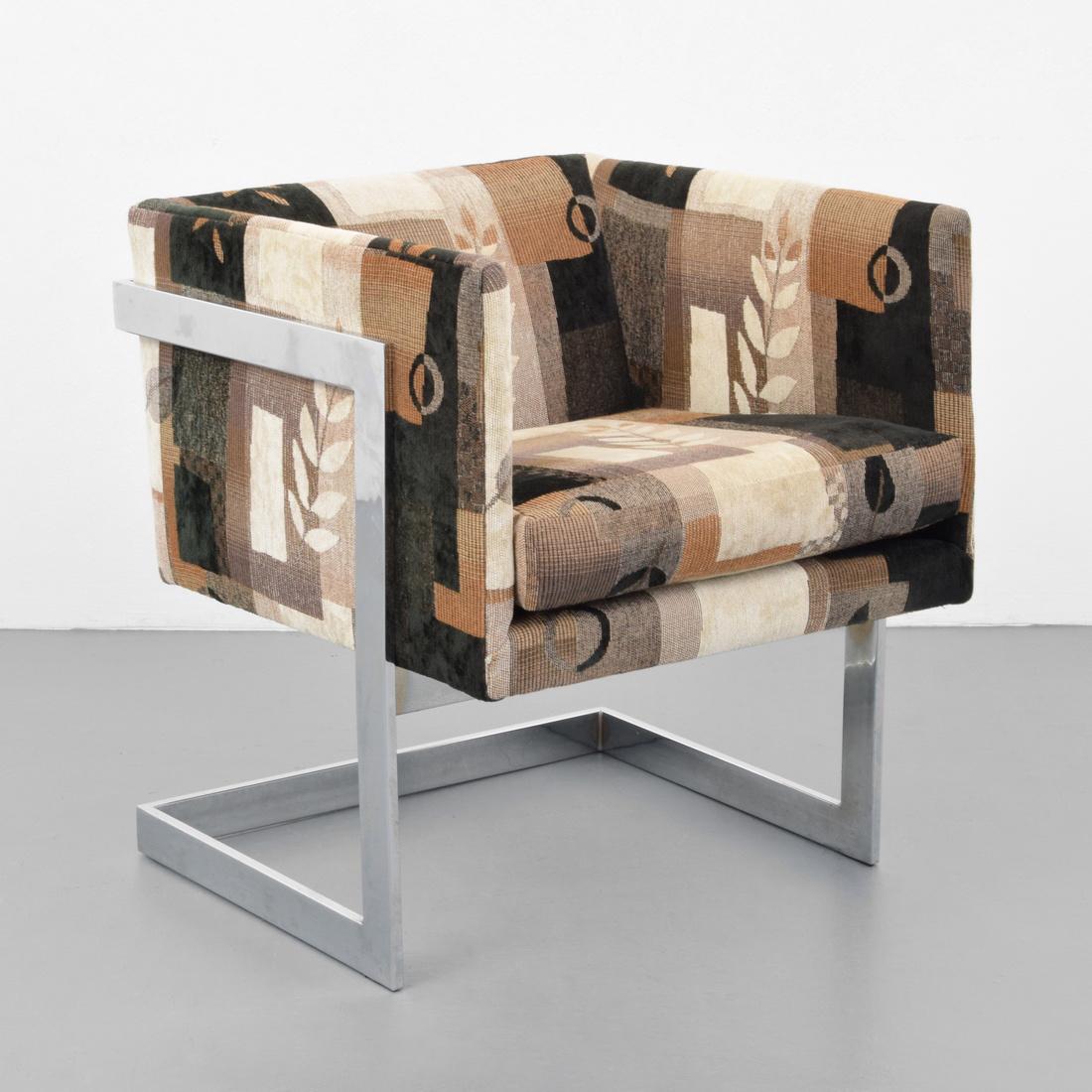 Cube Lounge Chair, Manner of Milo Baughman: Designer (Artist) & Manufacturer: Milo Baughman, manner of Markings: no marking(s) apparent Country of Origin & Materials: unknown; chromed metal, upholstery Additional Information: Lot includes separ