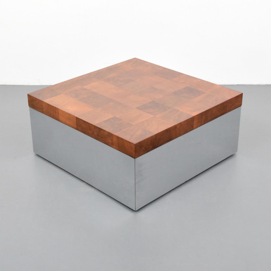 Milo Baughman Coffee Table: Designer (Artist) & Manufacturer: Milo Baughman; Thayer Coggin, Inc. Markings: Thayer Coggin, Inc. label Country of Origin & Materials: USA; chromed metal, burl wood Additional Information: 20th Centu