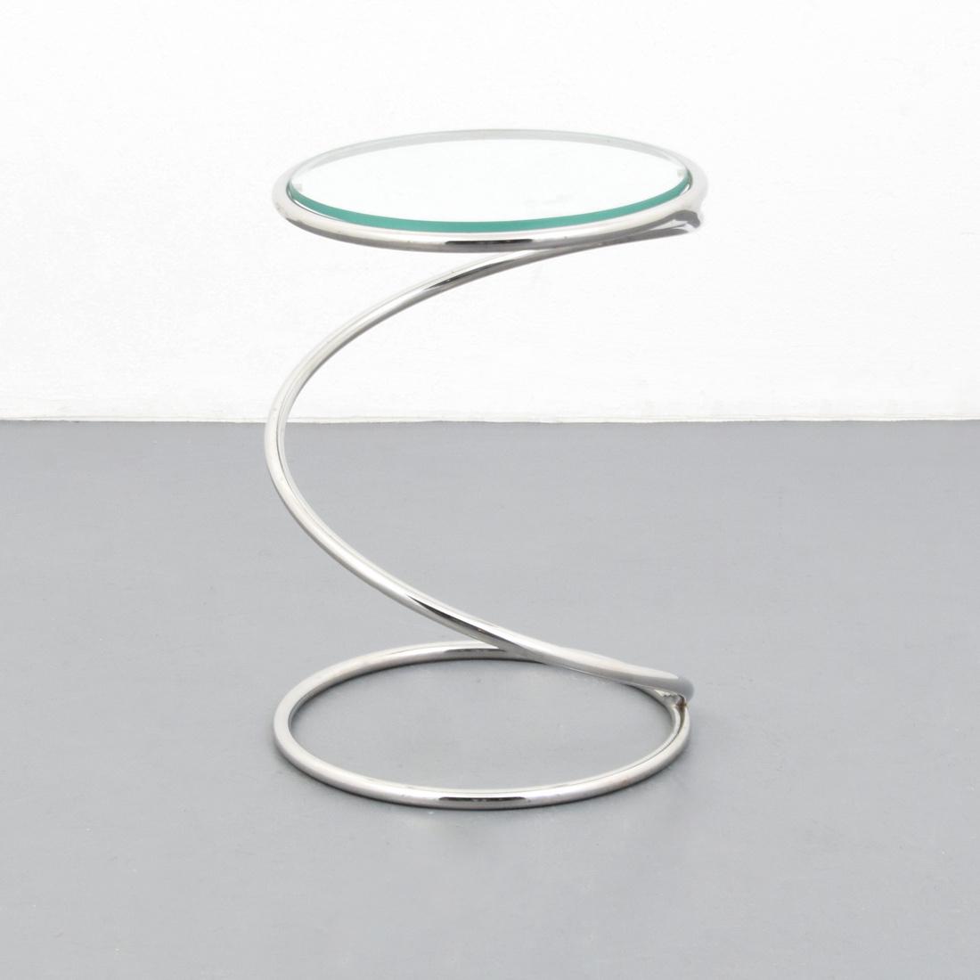 Pace Collection SPRING End Table: Designer (Artist) & Manufacturer: Pace Collection Markings: no marking(s) apparent Country of Origin & Materials: USA; chromed metal, glass Additional Information: Provenance: Modern Design 2120, West