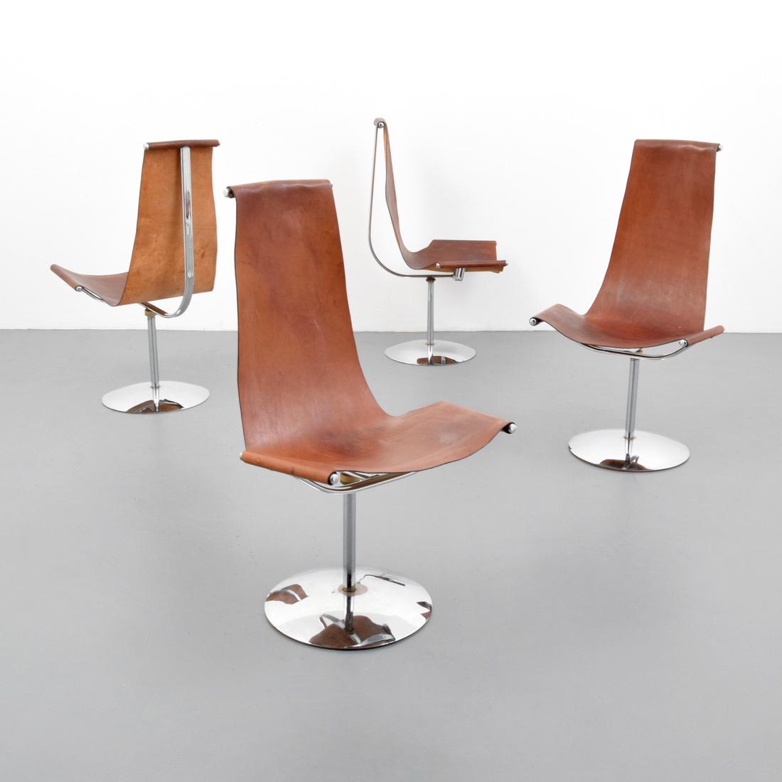 4 Leather Sling Chairs, Manner of Laverne: Designer (Artist) & Manufacturer: William Katavolos, Ross Littell & Douglas Kelley, manner of; Laverne, manner of Markings: no marking(s) apparent Country of Origin & Materials: unknown; leather, chro