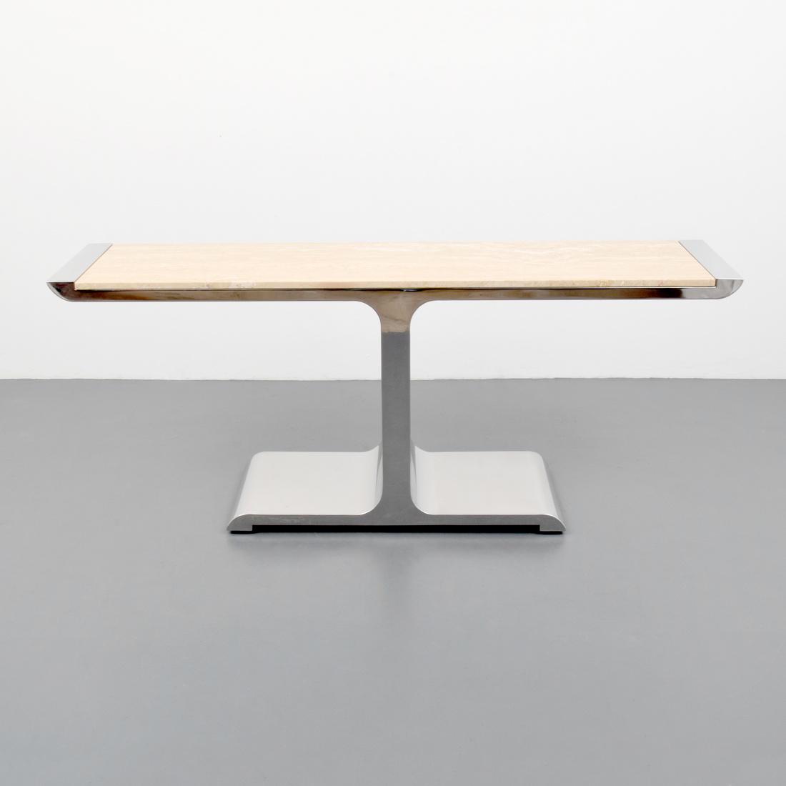 Brueton EAGLE Console Table: Designer (Artist) & Manufacturer: Brueton Markings: no marking(s) apparent Country of Origin & Materials: USA; travertine, stainless steel Additional Information: 20th Century Design Dimensions(H,W,D)