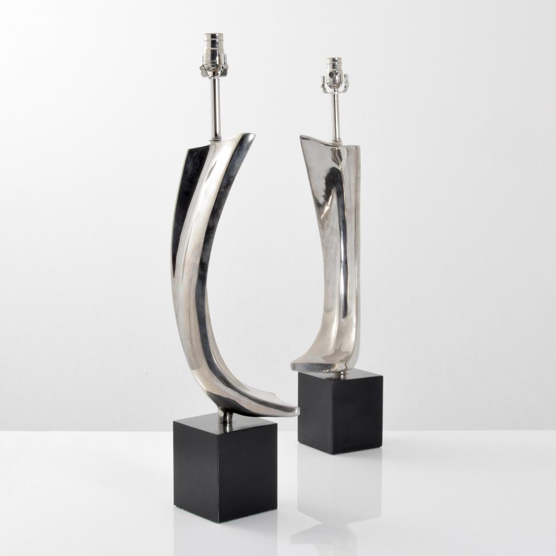 Pair of Maurizio Tempestini Brushstroke Form Lamps: Designer (Artist) & Manufacturer: Maurizio Tempestini; Laurel Lamp Mfg. Co., Inc. Markings: no marking(s) apparent Country of Origin & Materials: USA; chromed metal, enameled metal Additional Informat