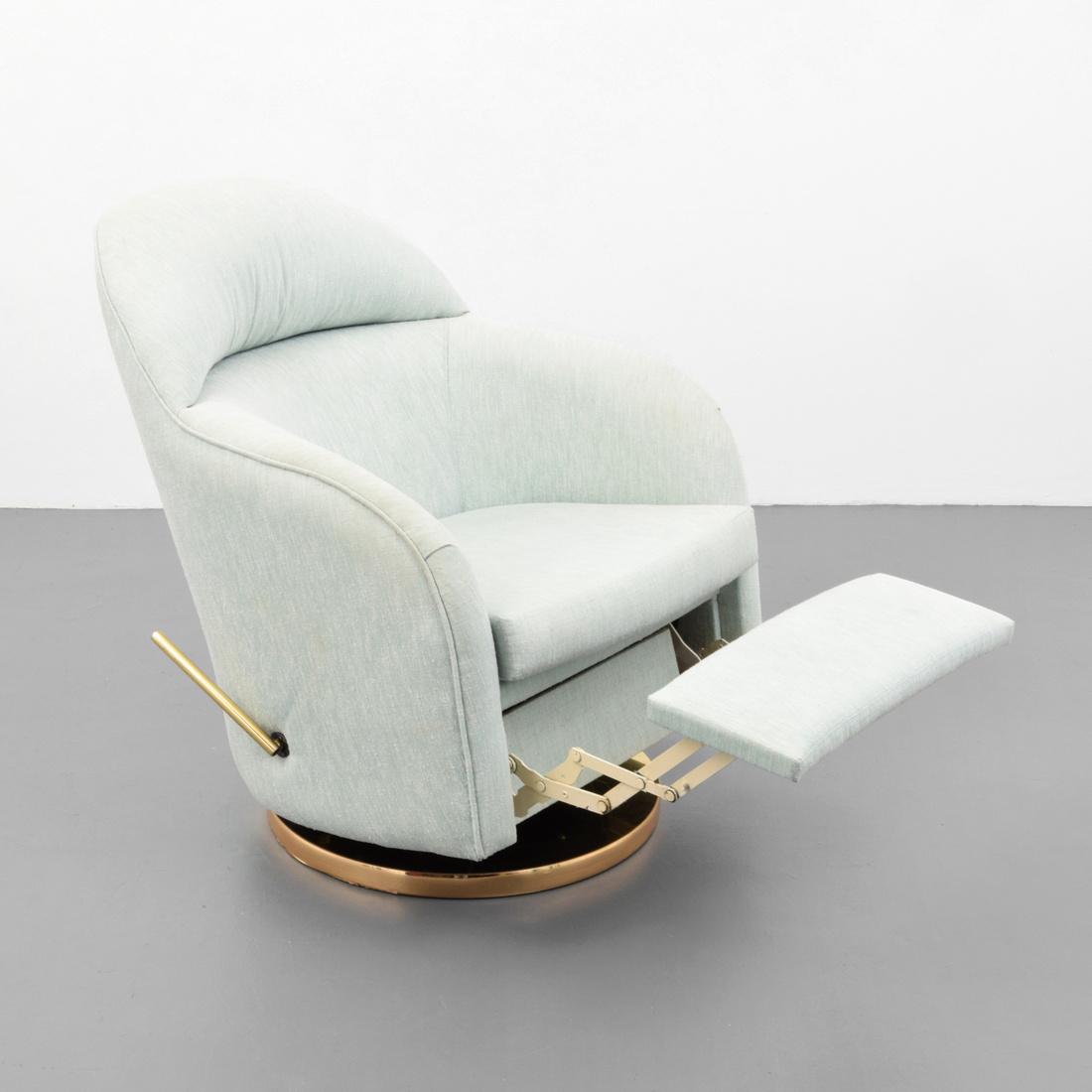 Milo Baughman Reclining Lounge Chair: Designer (Artist) & Manufacturer: Milo Baughman; Thayer Coggin Markings: Thayer Coggin labels Country of Origin & Materials: USA; upholstery, metal Additional Information: The chair reclines and swive
