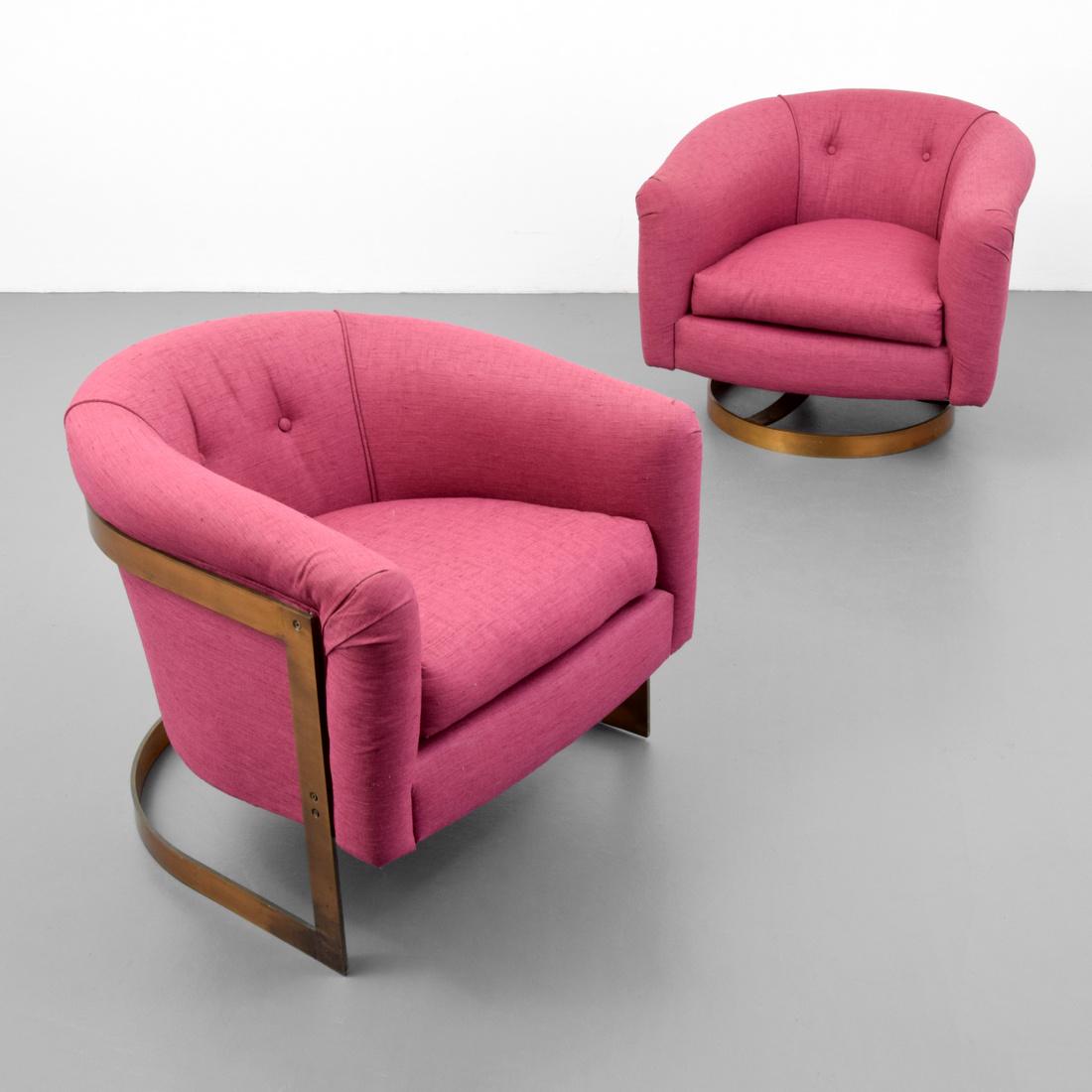2 Milo Baughman Lounge Chairs: Designer (Artist) & Manufacturer: Milo Baughman; Thayer Coggin Markings: no marking(s) apparent Country of Origin & Materials: USA; appears to be bronze, upholstery Additional Information: The chairs