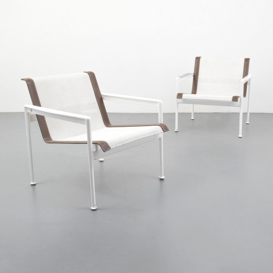 Pair of Richard Schultz Outdoor Lounge Chairs: Designer (Artist) & Manufacturer: Richard Schultz; Knoll Markings: Richard Schultz plaque Country of Origin & Materials: USA; enameled metal, mesh, vinyl Additional Information: Provenance: Delorenzo�