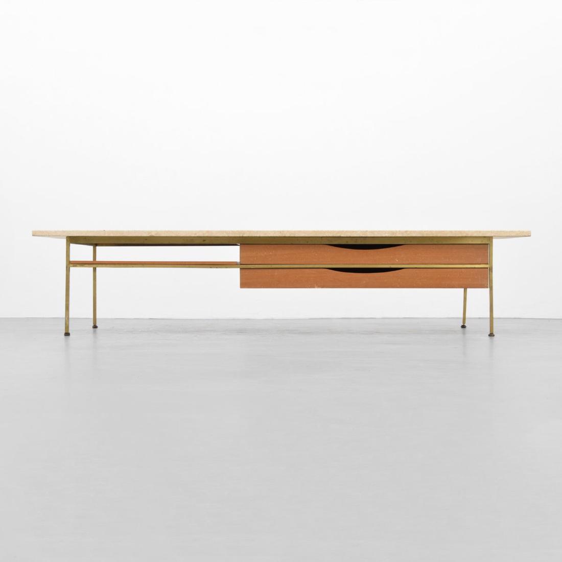 Paul McCobb Coffee Table: Designer/Artist & Manufacturer: Paul McCobb; Calvin Markings: Paul McCobb/Calvin plaque Country of Origin & Materials: USA; brass, wood, travertine Additional Information: Table is from THE IRWIN COLL