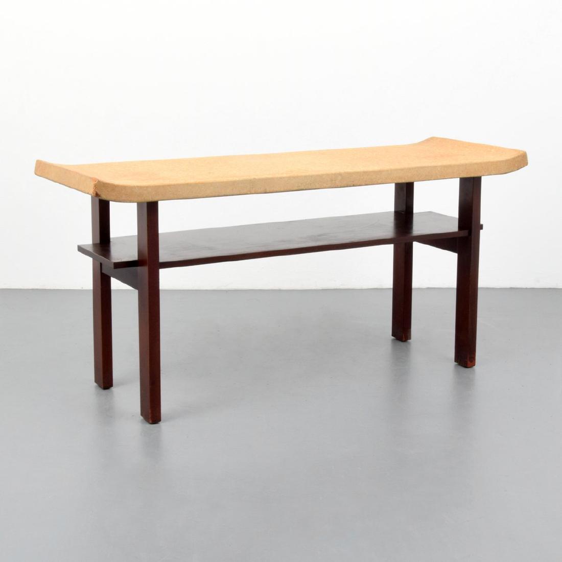 Paul Frankl Console Table: Designer/Artist & Manufacturer: Paul Frankl; Johnson Furniture Company Markings: 5022, #231 Country of Origin & Materials: USA; mahogany, cork Additional Information: Table is model 5022. Dimensions(H