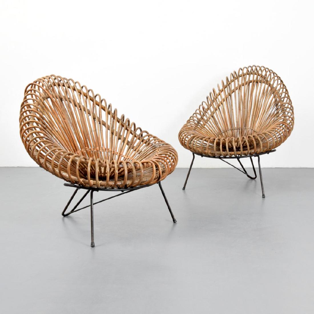 Pair of Chairs, Manner of Franco Albini & Franca Helg: Designer/Artist & Manufacturer: Franco Albini and Franca Helg, manner of Markings: no marking(s) apparent Country of Origin & Materials: unknown; rattan, enameled steel Additional Information: These c