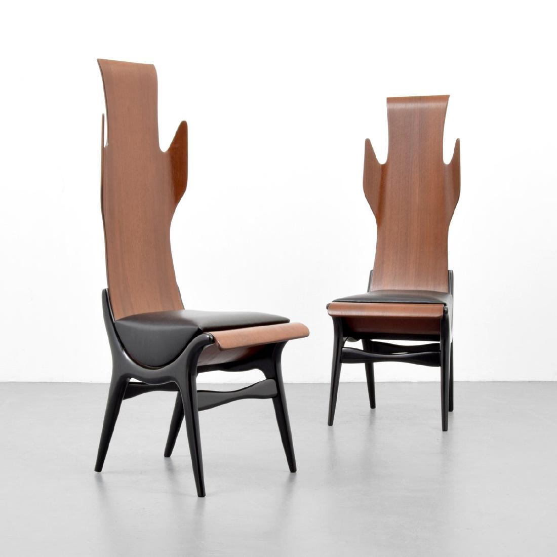 Pair of Rare Dante la Torre FLAME Chairs: Designer/Artist & Manufacturer: Dante la Torre (aka Latorre); Pozzi & Verga Markings: VIII Country of Origin & Materials: Italy; teak, lacquered wood, leather Additional Information: An example offere