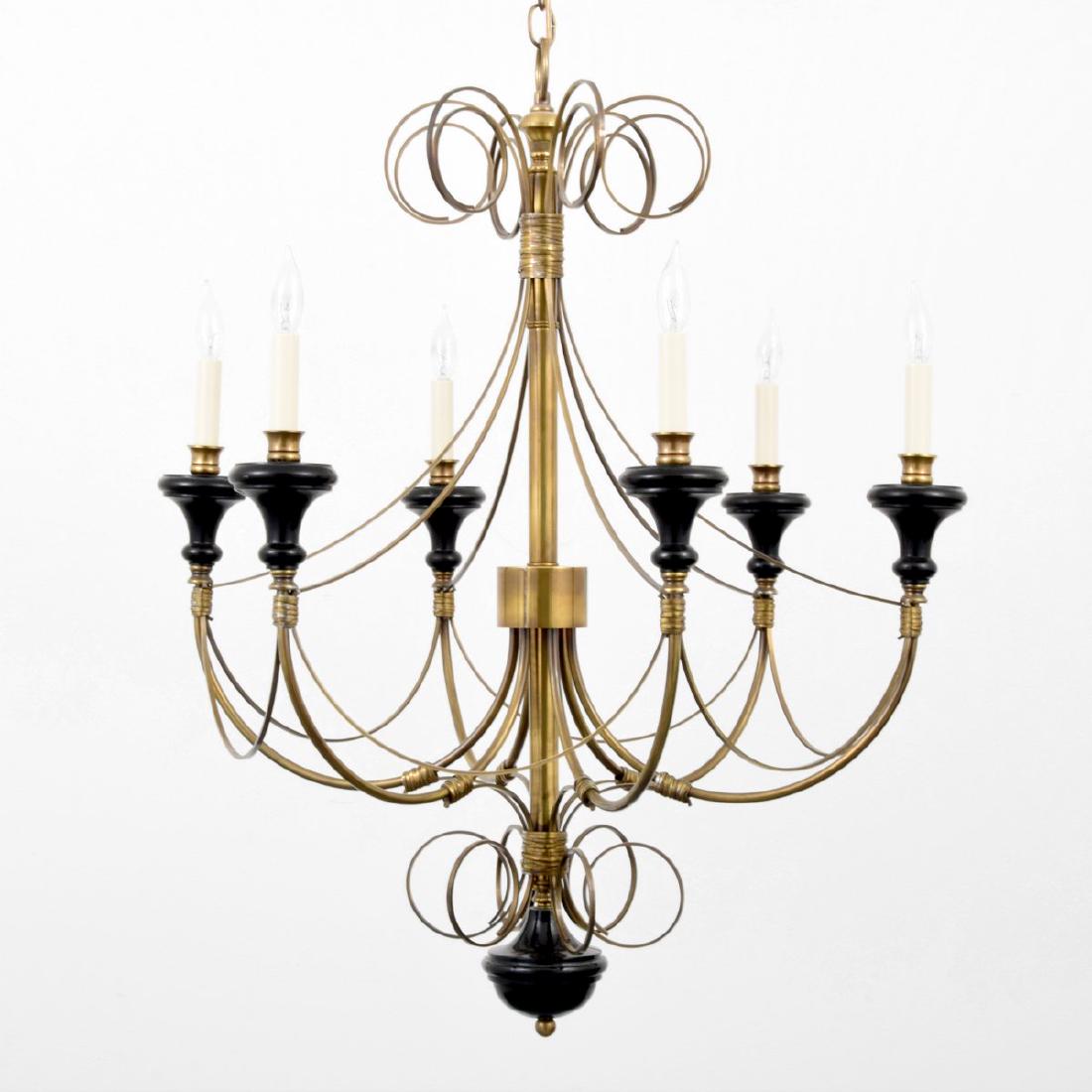 Chandelier, Manner of Tommi Parzinger: Designer/Artist & Manufacturer: Tommi Parzinger, manner of Markings: no marking(s) apparent Country of Origin & Materials: unknown; metal, enameled metal, plastic Additional Information: Chandelier ha