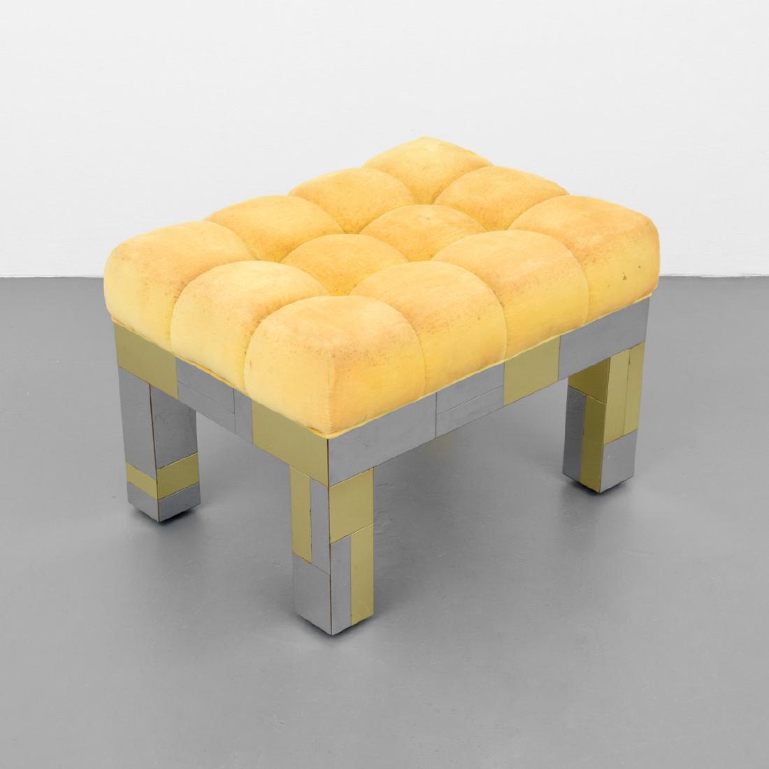 Paul Evans CITYSCAPE Stool: Designer/Artist & Manufacturer: Paul Evans; Paul Evans Inc. Markings: Paul Evans Inc. label Country of Origin & Materials: USA; chrome-plated steel, brass, upholstery Additional Information: Stool is 