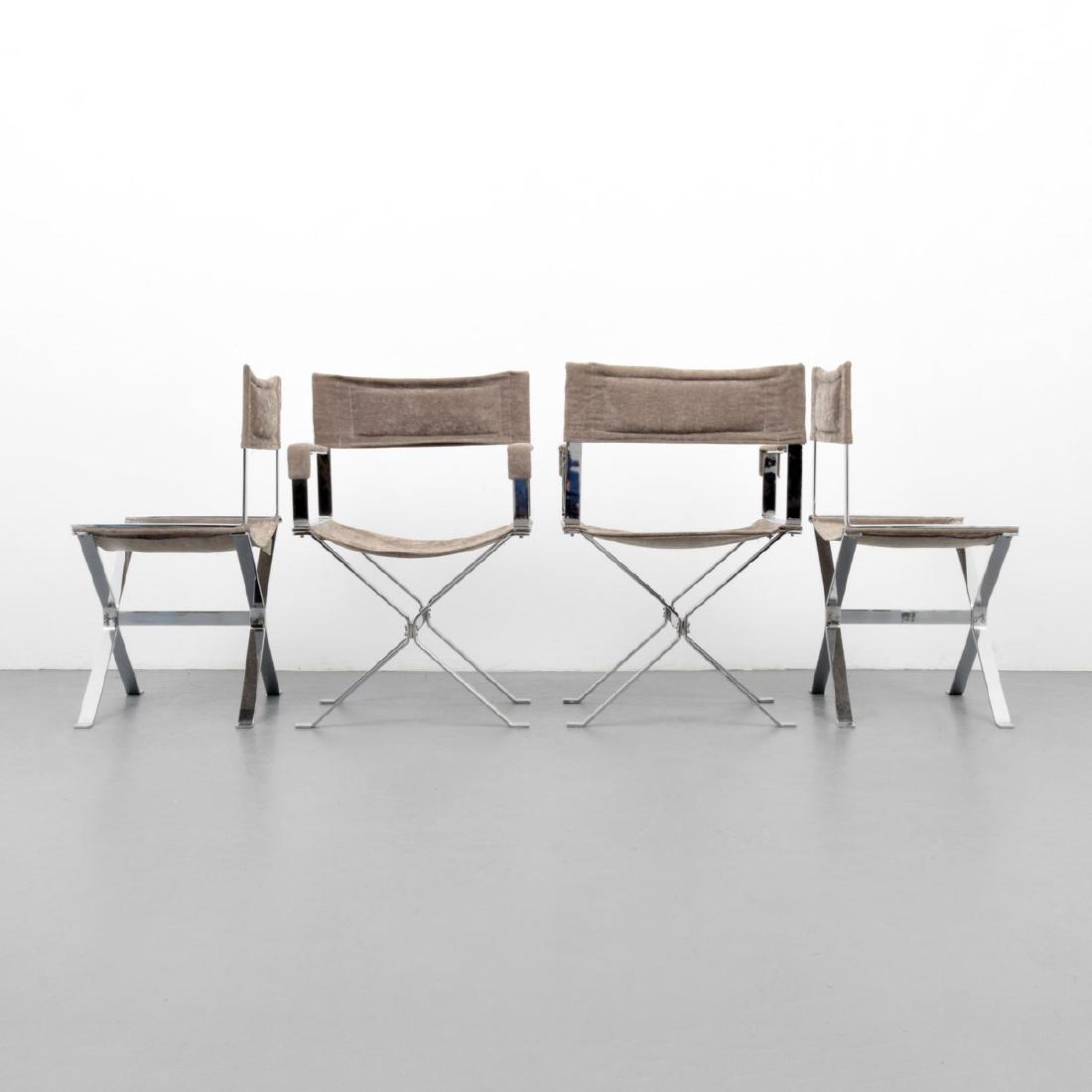 Alessandro Albrizzi Director's Chairs, Set of 4: Designer/Artist & Manufacturer: Alessandro Albrizzi Markings: no marking(s) apparent Country of Origin & Materials: Italy; chromed metal, upholstery Additional Information: Two chairs with arms and tw