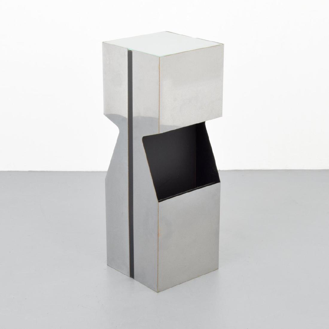 Neil Small Floor Lamp/Pedestal/Magazine Holder: Designer/Artist & Manufacturer: Neal Small; George Kovacs Lighting Markings: no marking(s) apparent Country of Origin & Materials: USA; chromed metal, metal, glass Additional Information: Lamp has two