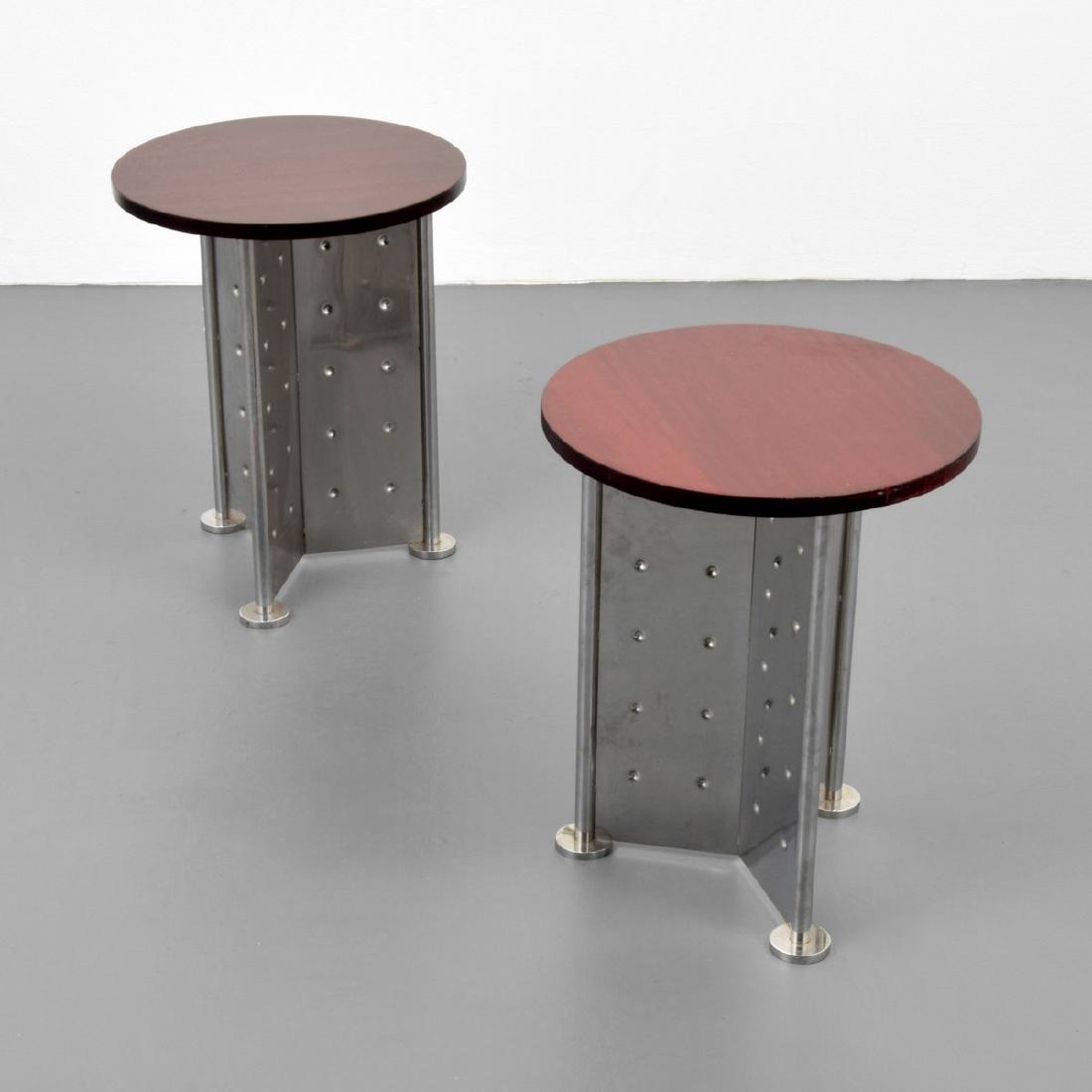 2 Philippe Starck Occasional Tables, Royalton Hotel: Designer/Artist & Manufacturer: Philippe Starck; Driade Markings: no marking(s) apparent Country of Origin & Materials: Italy; stained mahogany, stainless steel Additional Information: Tables are from