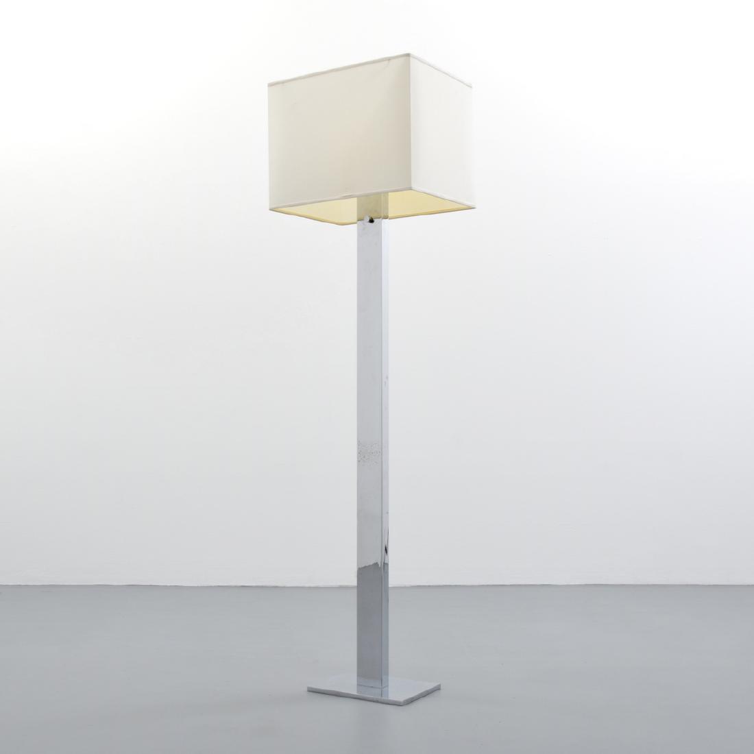 George Kovacs Floor Lamp: Designer/Artist & Manufacturer: George Kovacs Markings: no marking(s) apparent Country of Origin & Materials: USA; chromed metal Additional Information: Lamp has four light sockets. Dimensions(H,W,D):