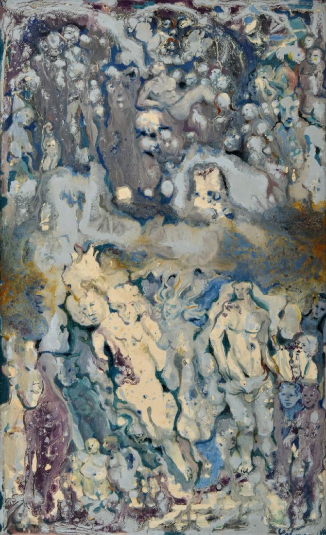 Robert Lohman Painting: Designer/Artist & Manufacturer: Robert Lohman (1919-2001) Markings: signed, markings; 1965 Country of Origin & Materials: American; oil on board Additional Information: Work is titled DREAMS LAPIS LAZ