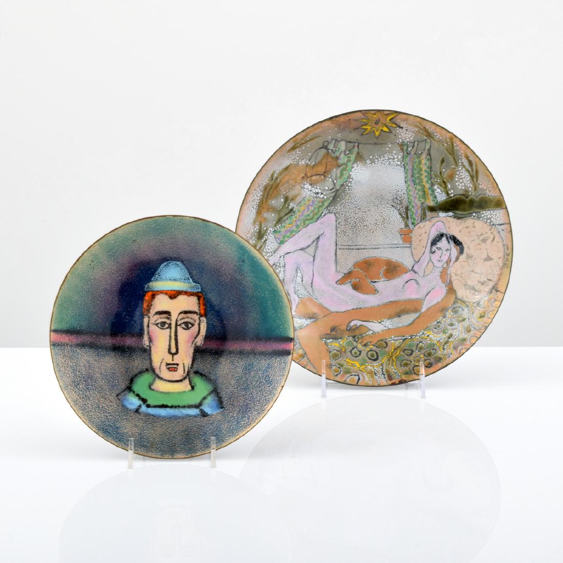 2 Enameled Copper Works, Manner of Gio Ponti: Designer/Artist & Manufacturer: Gio Ponti & Paolo De Poli, manner of Markings: signed (smaller plate) Country of Origin & Materials: unknown; enamel on copper Additional Information: 20th Century Desi