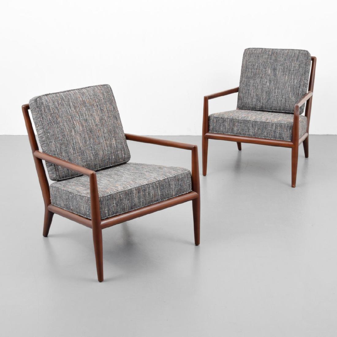 Pair of T.H. Robsjohn-Gibbings Lounge Chairs: Designer/Artist; Manufacturer: T.H. Robsjohn-Gibbings; Widdicomb Markings: "SHERRY" finish stamp Country of Origin & Materials: USA; wood, upholstery Additional Information: Chairs are model WWZ. Prop