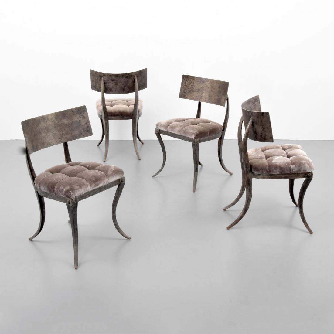 4 Klismos Chairs, Manner of T.H. Robsjohn-Gibbings: Designer/Artist; Manufacturer: T.H. Robsjohn-Gibbings, manner of Markings: no marking(s) apparent Country of Origin & Materials: unknown; patinated steel, upholstery Additional Information: Property o