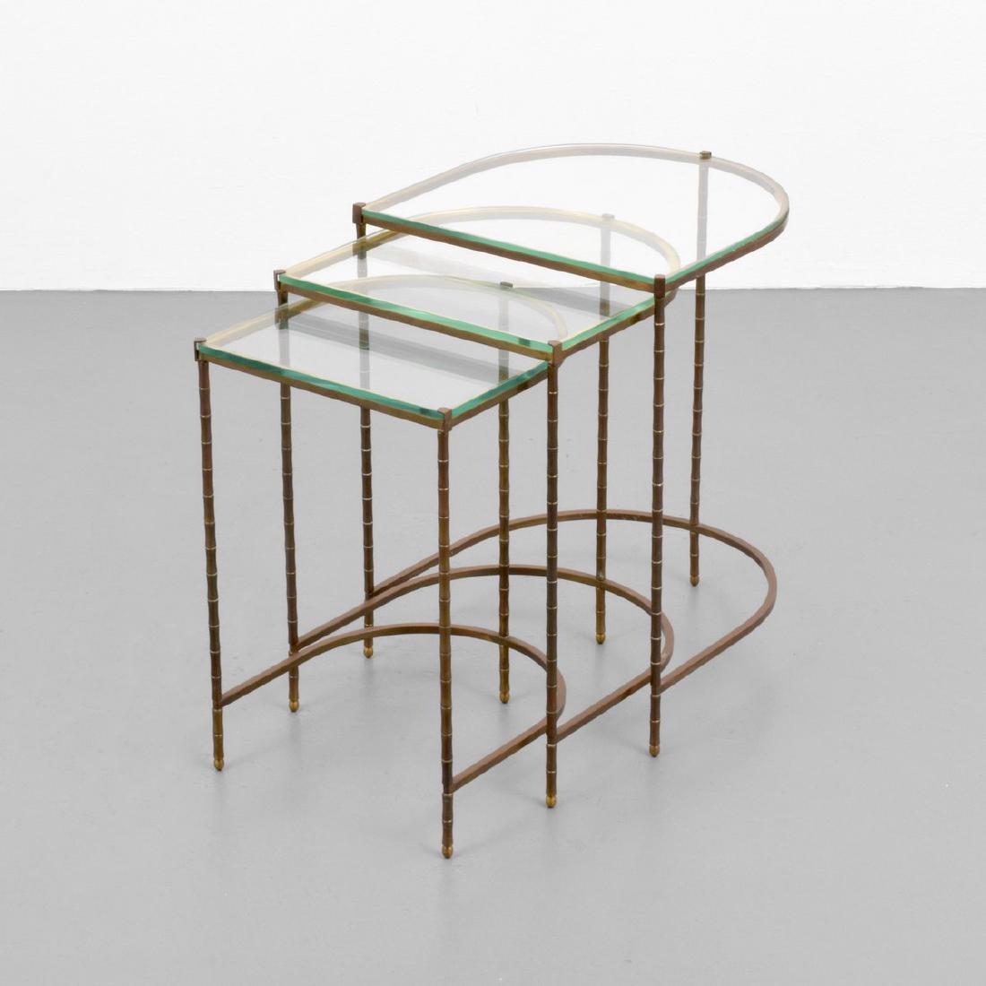 3 Nesting Tables, Manner of Maison Jansen: Designer/Artist; Manufacturer: Maison Jansen, manner of Markings: no marking(s) apparent Country of Origin & Materials: unknown; brass, glass Additional Information: 20th Century Design Dimensions(H,W