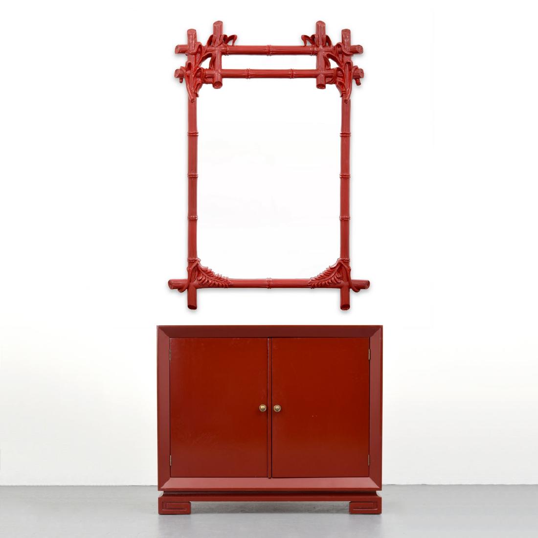 Lacquered Cabinet & Mirror, Manner of James Mont: Designer/Artist; Manufacturer: James Mont, manner of Markings: customer label Country of Origin & Materials: unknown; lacquered wood, metal, velvet, mirrored glass Additional Information: Cabinet has 