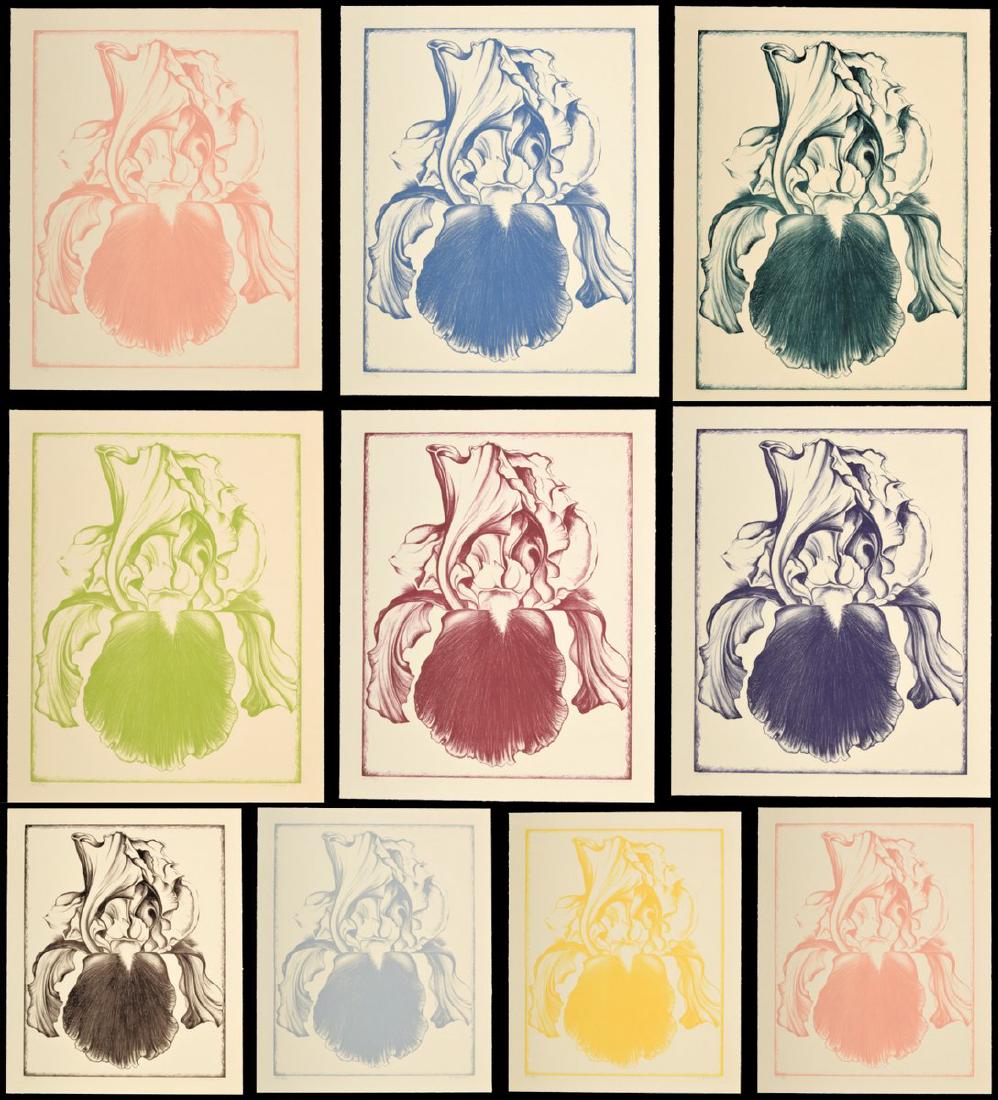 Lowell Nesbitt IRISES Portfolio, 10 Screenprints: Designer/Artist; Manufacturer: Lowell Nesbitt (1933-1993) Markings: signed, marking(s); ed. 2/10 (9), ed. 10/10 (1); 1971 Country of Origin & Materials: American; paper Additional Information: Lot is