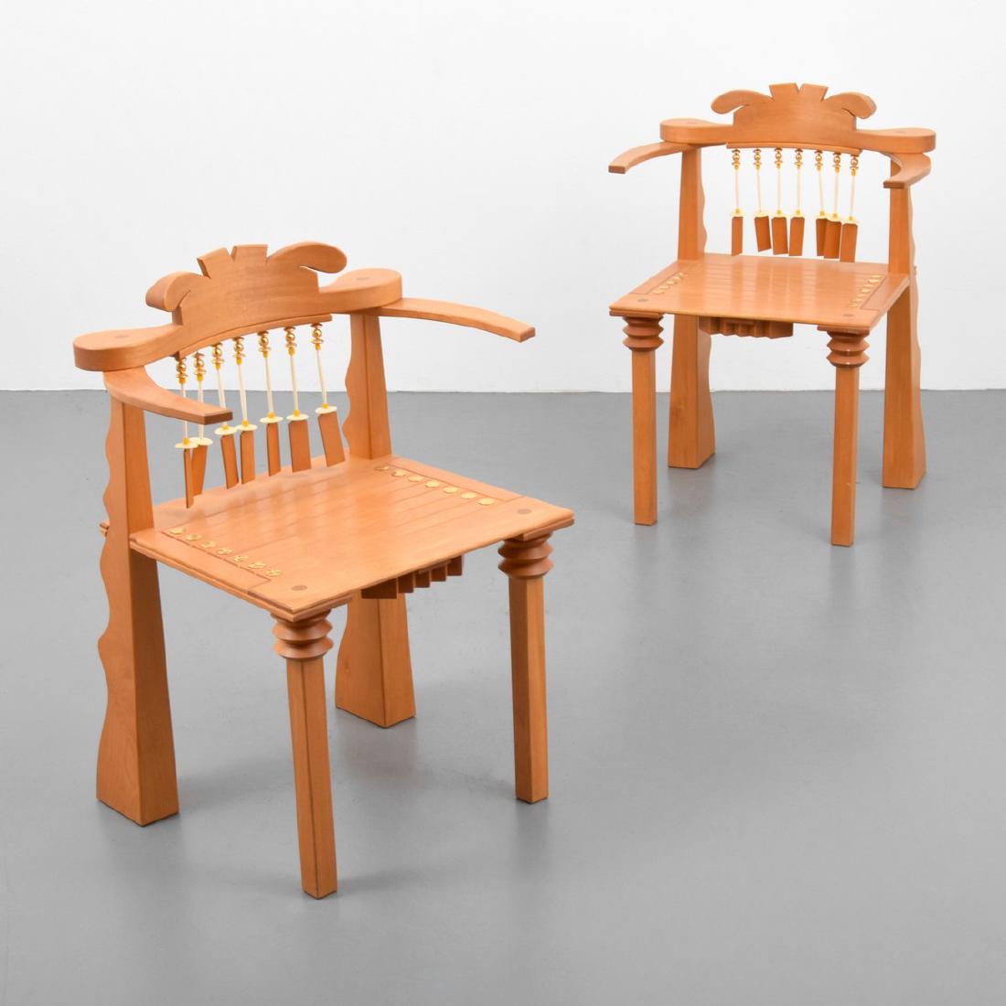 Pair of Garry Knox Bennett AFRICAN Armchairs: Designer/Artist; Manufacturer: Garry Knox Bennett (American, b. 1934) Markings: signed, marking(s); 1992 Country of Origin & Materials: USA; wood, various metals and stones Additional Information: Ref