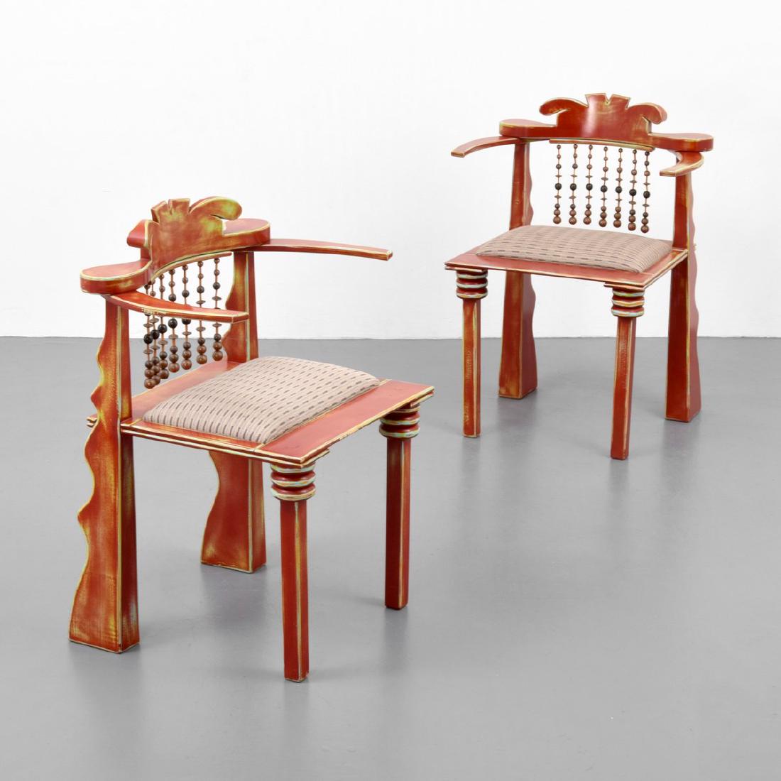 Pair of Garry Knox Bennett AFRICAN Armchairs: Designer/Artist; Manufacturer: Garry Knox Bennett (American, b. 1934) Markings: signed, marking(s); ed. 3/4, 4/4; 1989 Country of Origin & Materials: USA; wood, metal, upholstery Additional Informatio