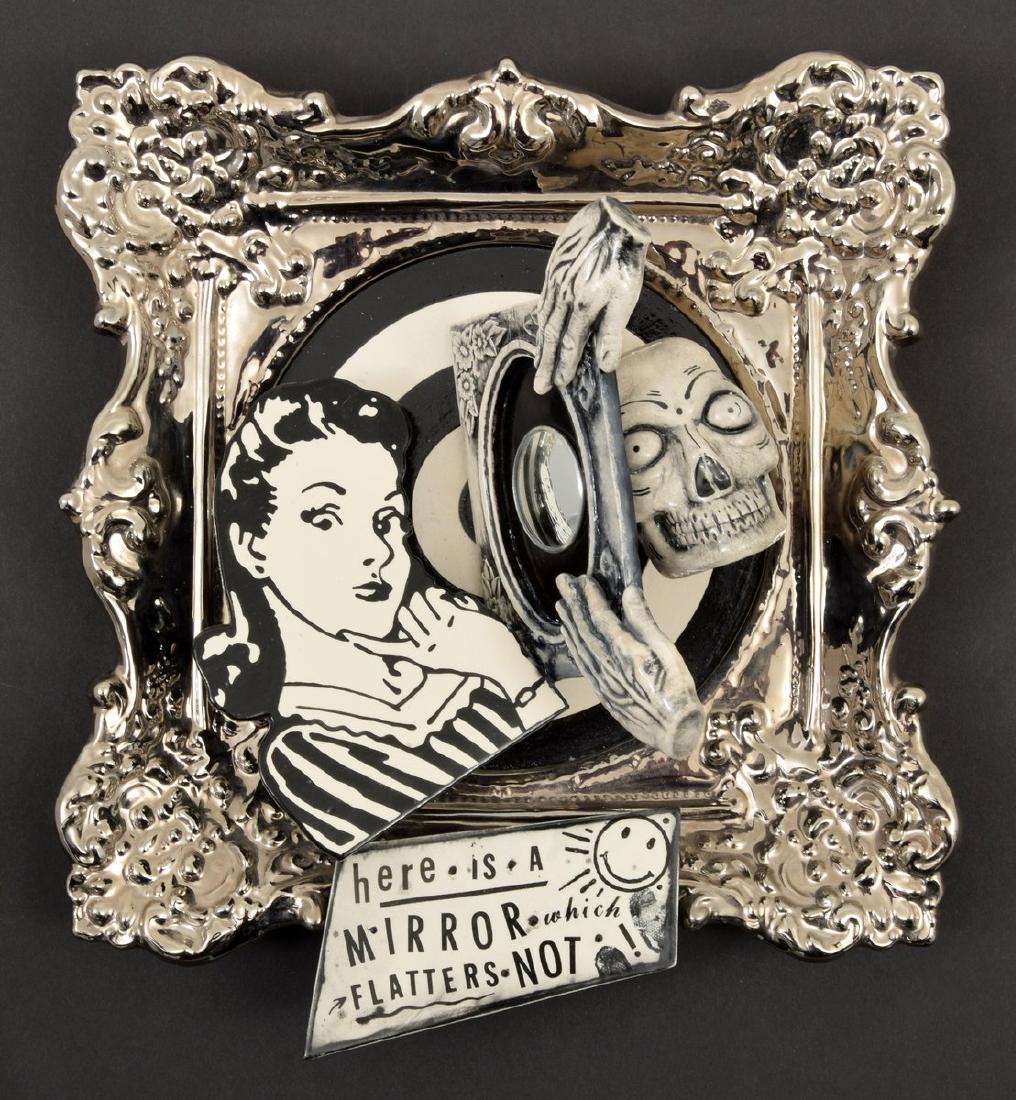 Mark Burns Mixed Media Sculpture/Mirror: Designer/Artist; Manufacturer: Mark Burns (b. 1950) Markings: signed, marking(s); 1995 Country of Origin & Materials: American; painted earthenware, luster, mirrored glass Additional Information: Work