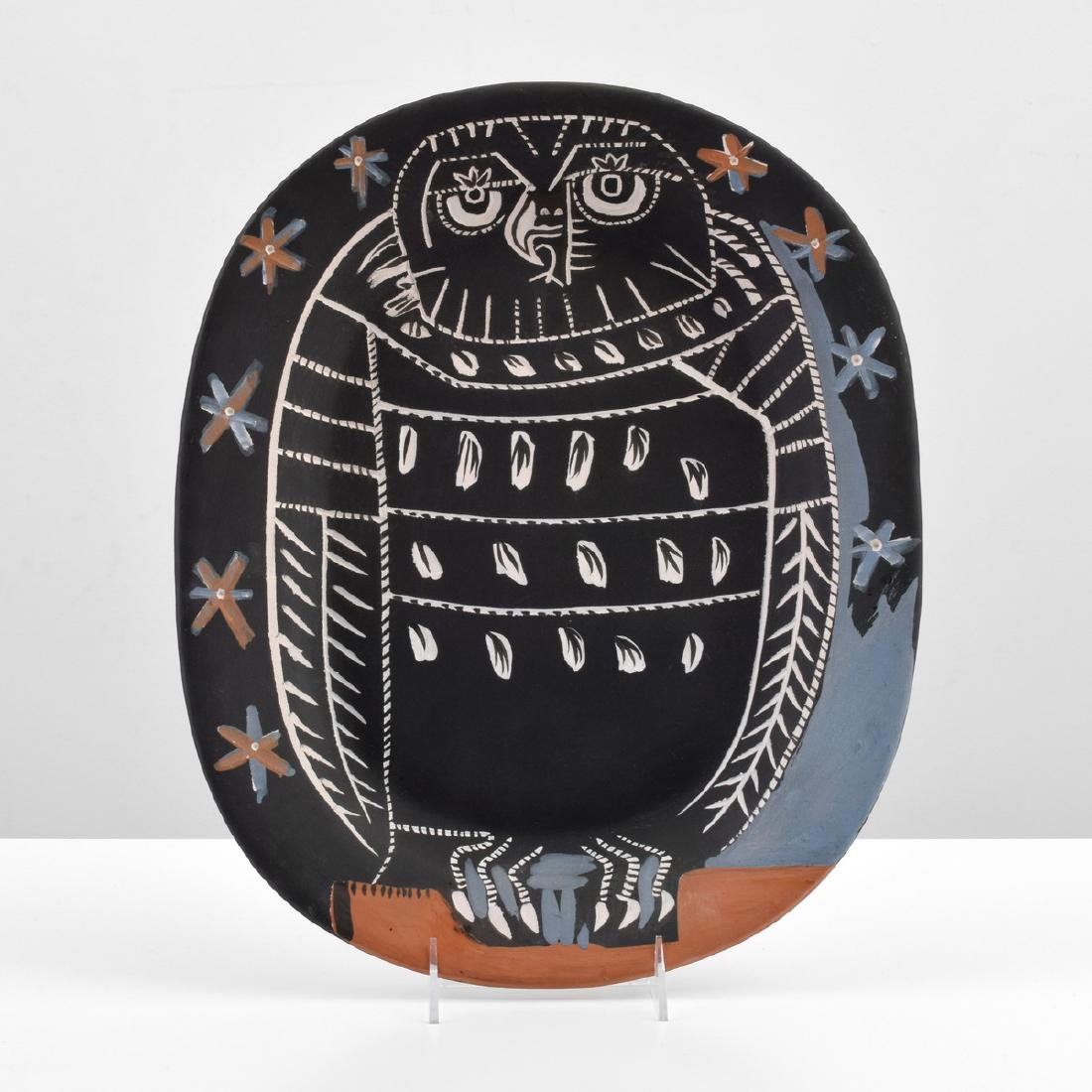Pablo Picasso MAT OWL Platter (A.R. 284): Designer/Artist; Manufacturer: Pablo Picasso (Spanish, 1881-1973); Madoura Markings: Madoura Plein Feu imprint, Edition Picasso imprint; from an edition of 450 Country of Origin & Materials: France; p